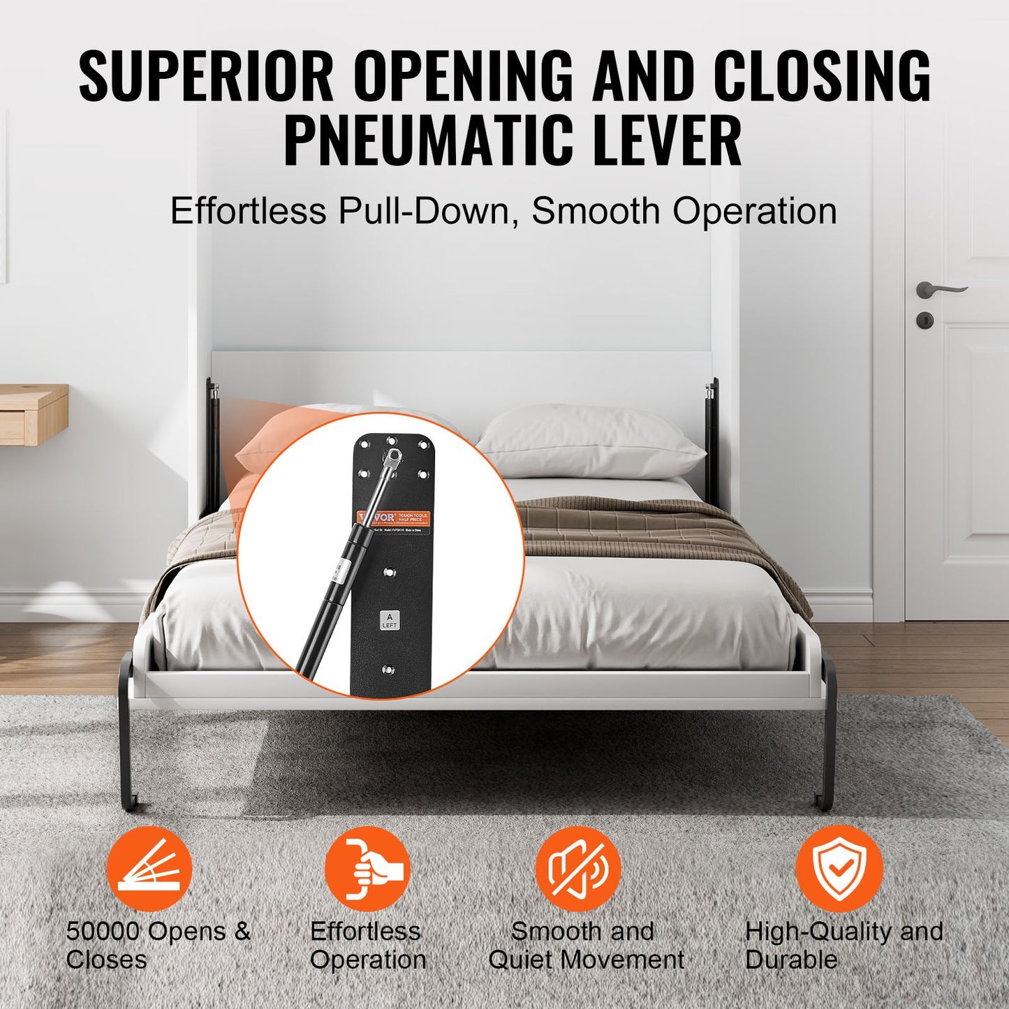 Queen Size Vertical Murphy Bed Kit - DIY Wall Bed Hardware, Black