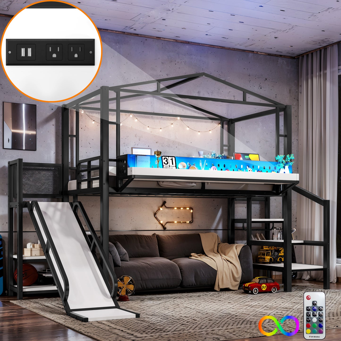 Twin Size Loft Bed with Storage Stairs, USB Ports & LED Lights - Black