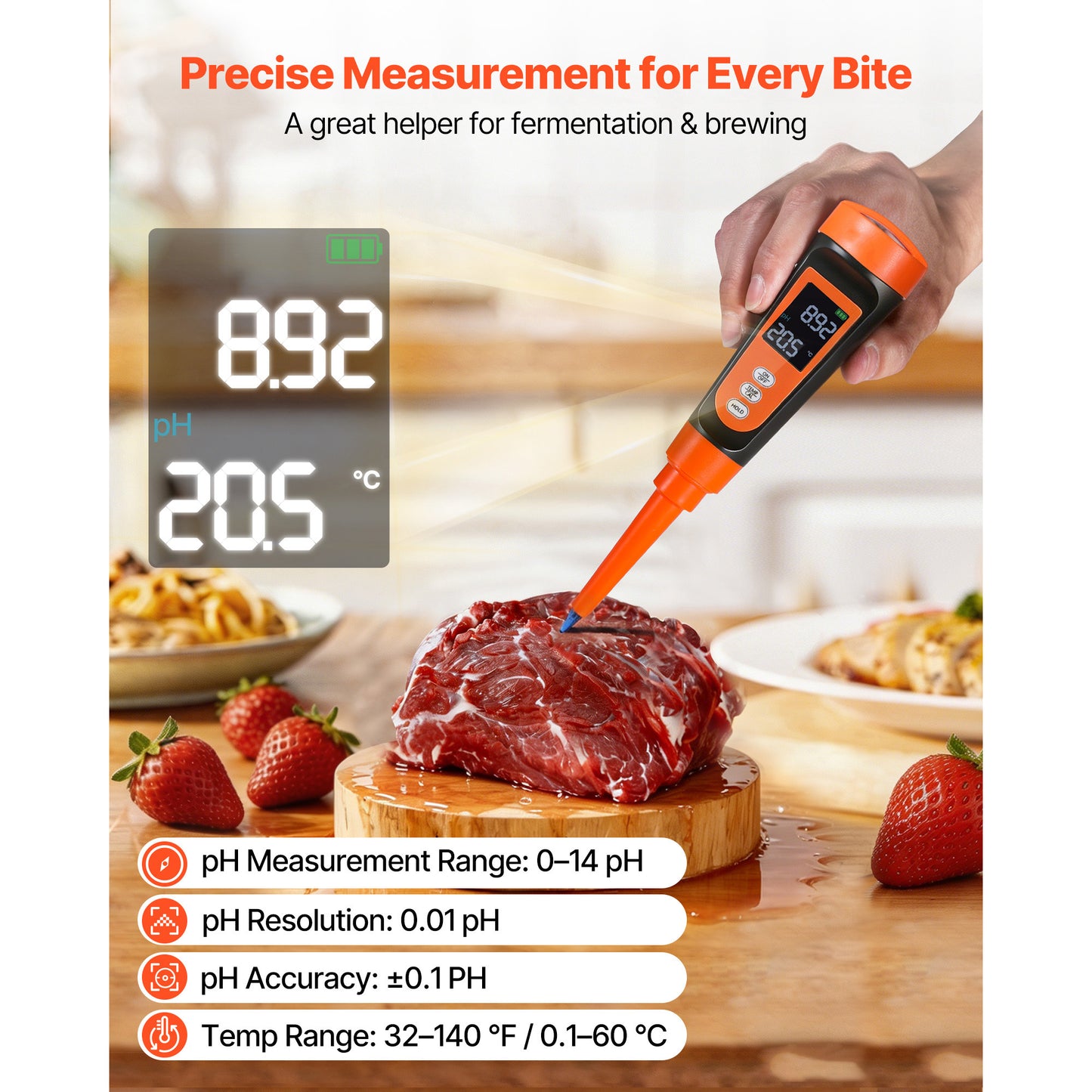 PH Meter for Food and Baking, Waterproof Probe, Calibration Pack, Food Fermentation & Dough Testing