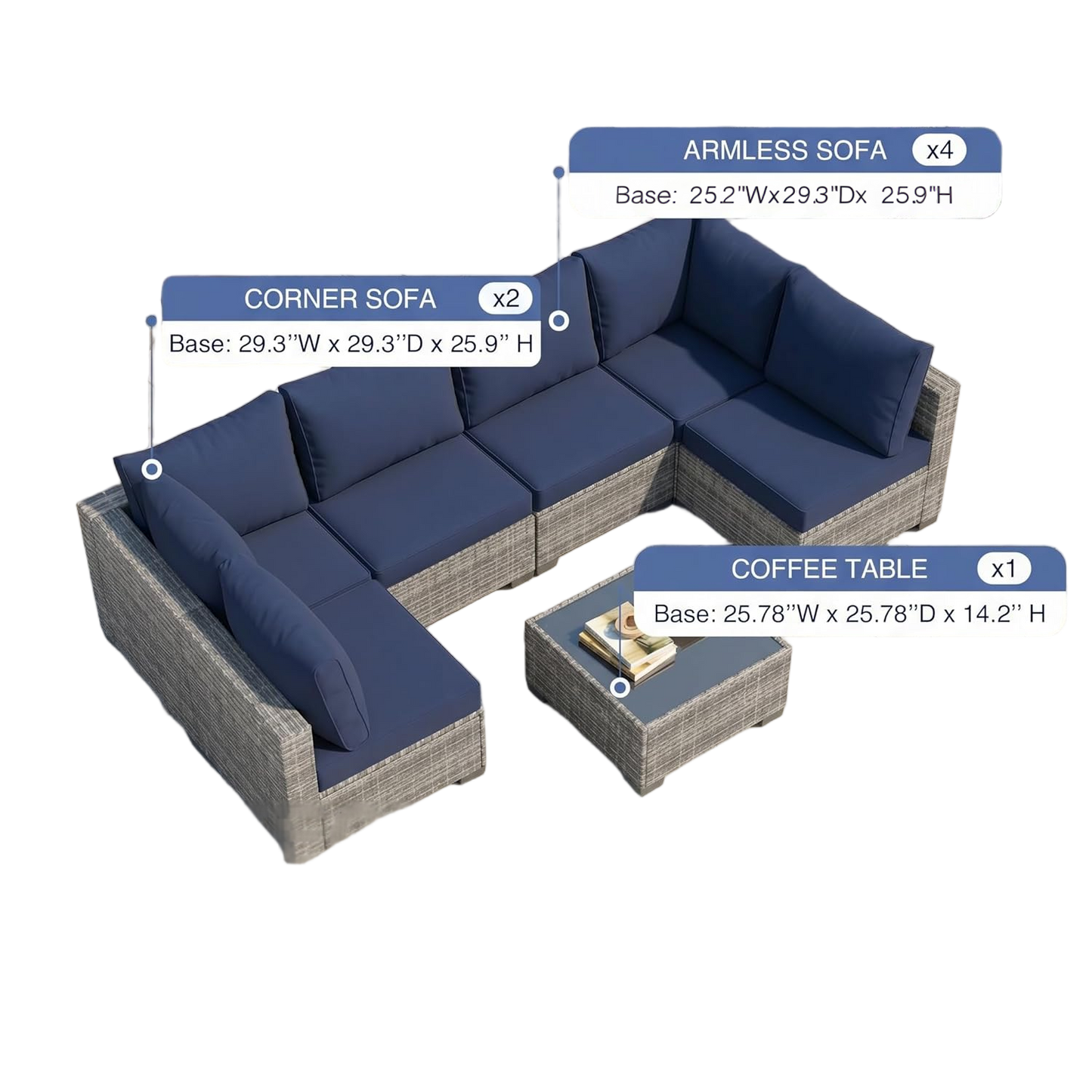 7-Piece All-Weather Wicker Patio Sofa Set with Cushions - Grey-Blue