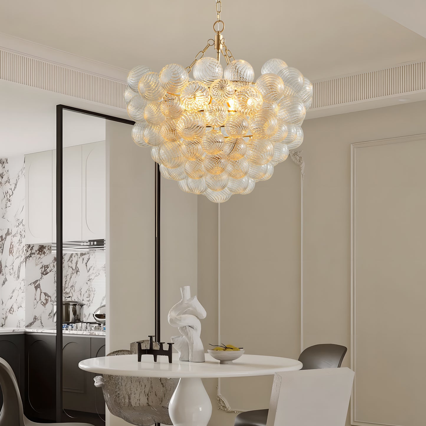 Gold Pendant Light Fixture with Clear Glass Globe - Adjustable Height, Modern Ceiling Lighting for Living & Dining Rooms