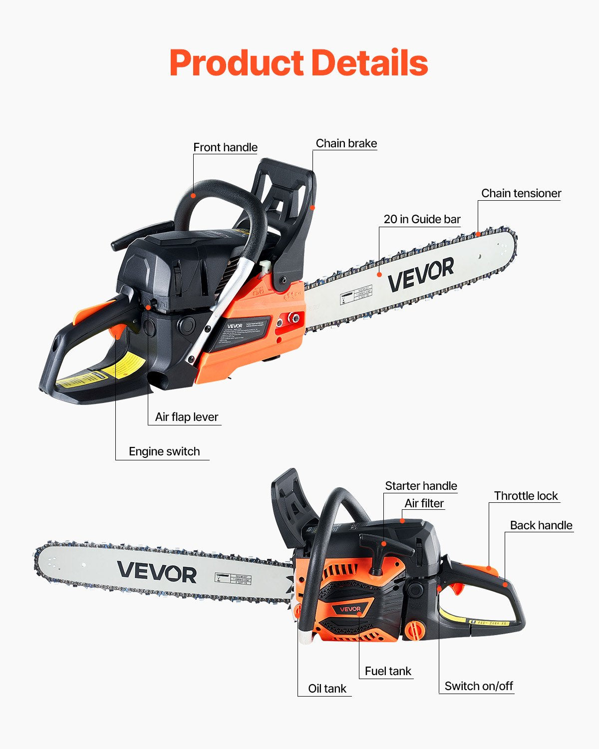 62cc Gas Chainsaw 3.8HP 20 Inch Wood Cutting Power Tool - Multicolor