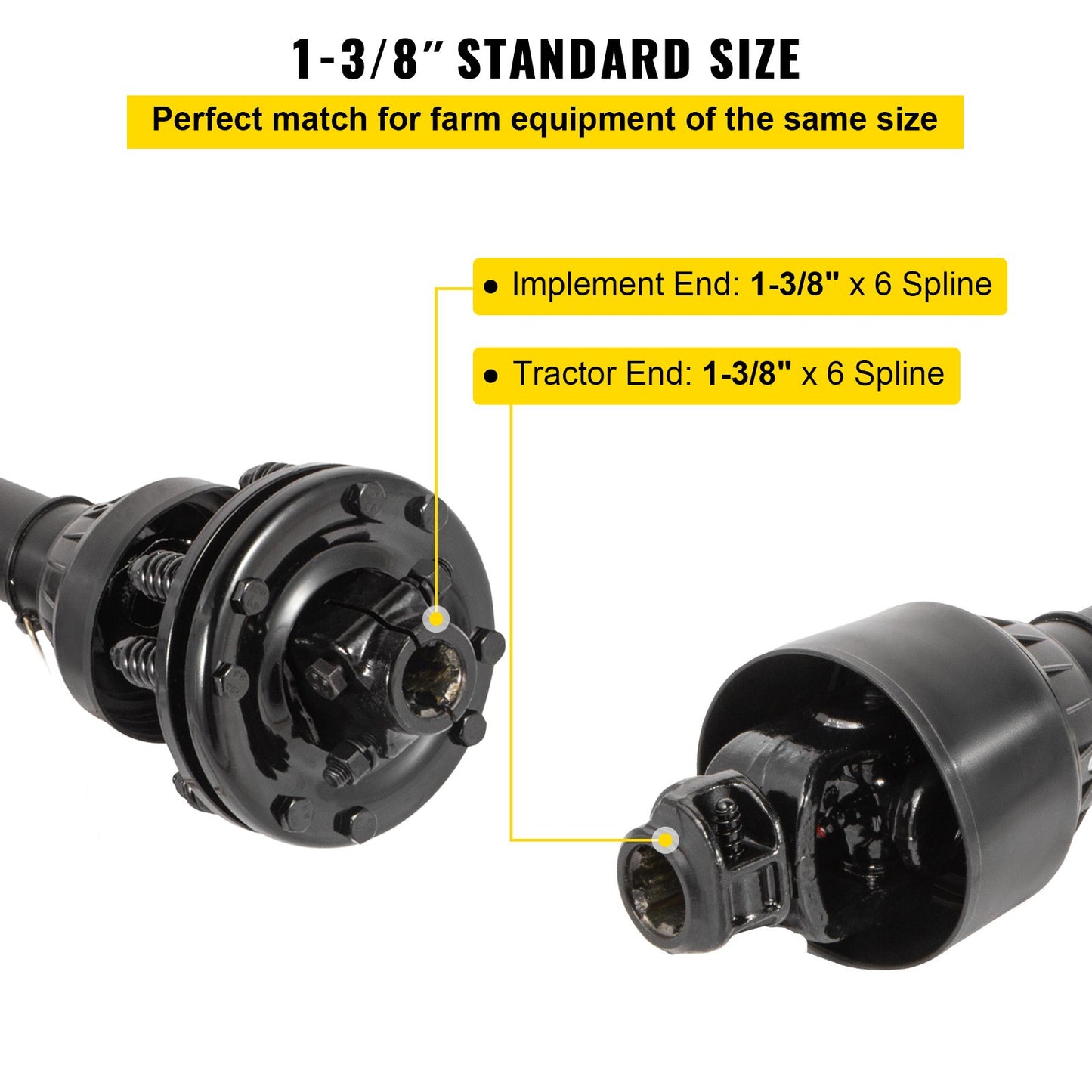 Garden PTO Drive Shaft 1-3/8" 6 Spline, Adjustable Length 43-57" for Tractor, Brush Hog, Finish Mower - Black