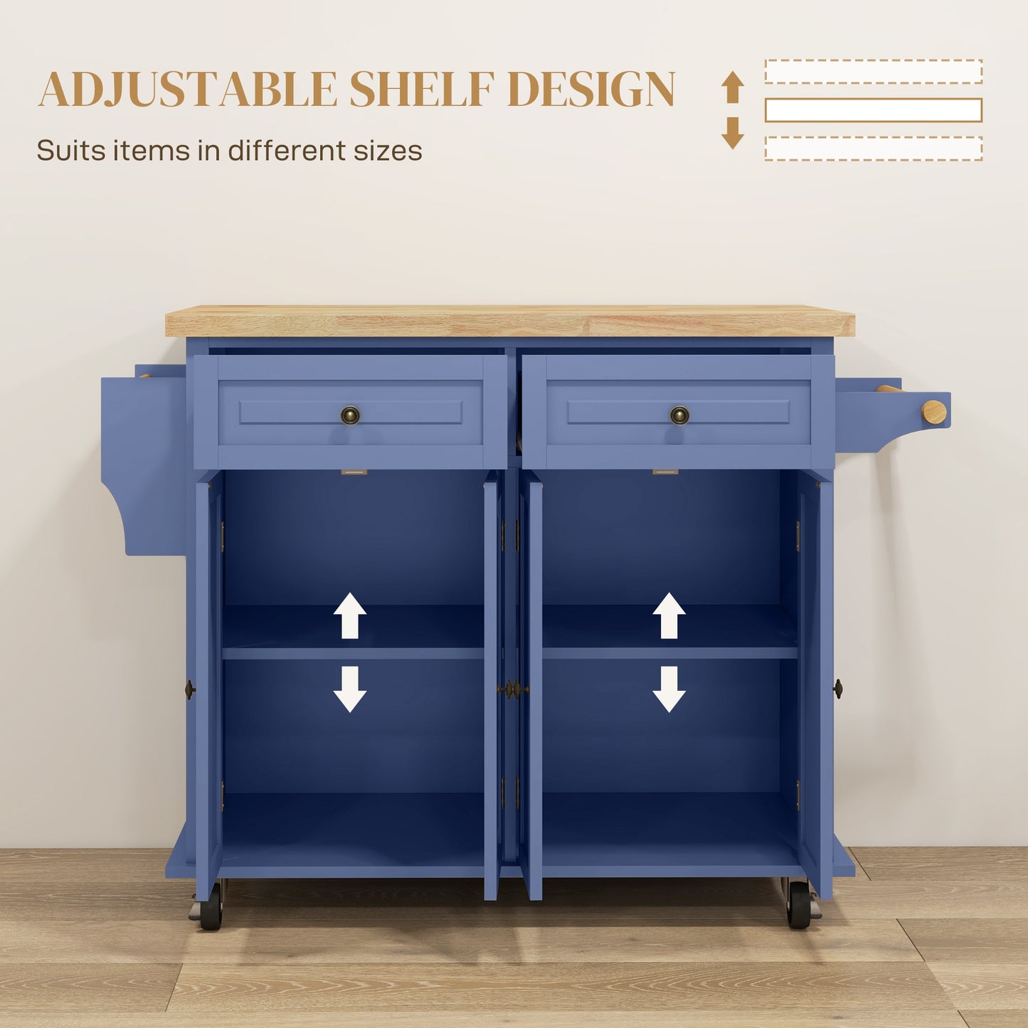 Rolling Kitchen Island on Wheels with Rubberwood Top and Storage - Navy Blue