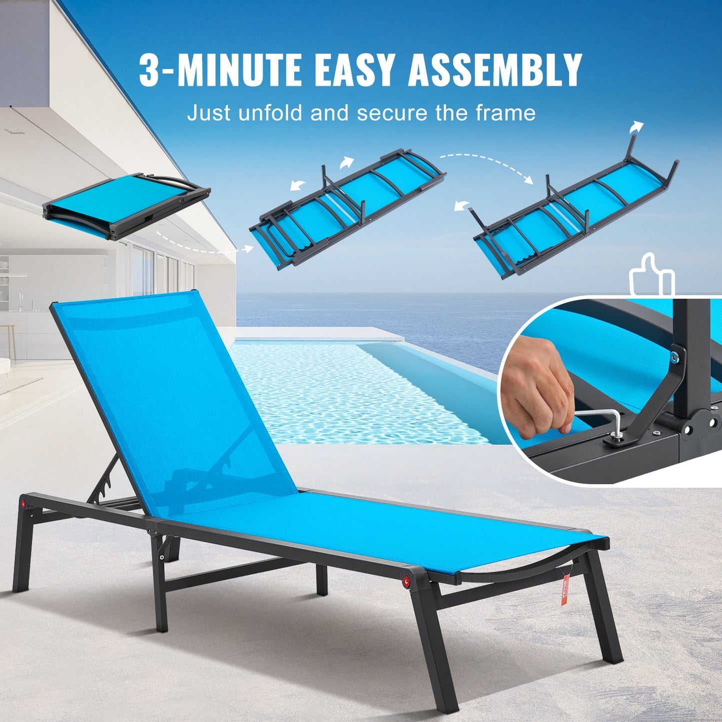 Outdoor Adjustable Lounge Chair Set - 2 Pcs Grey Patio Sunbed with 5-Position Support