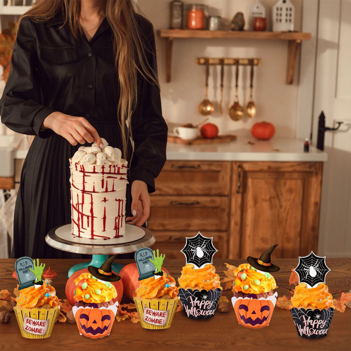 Halloween Cupcake Decoration Set - 48 Pcs Zombie Hand & Witch Hat Picks