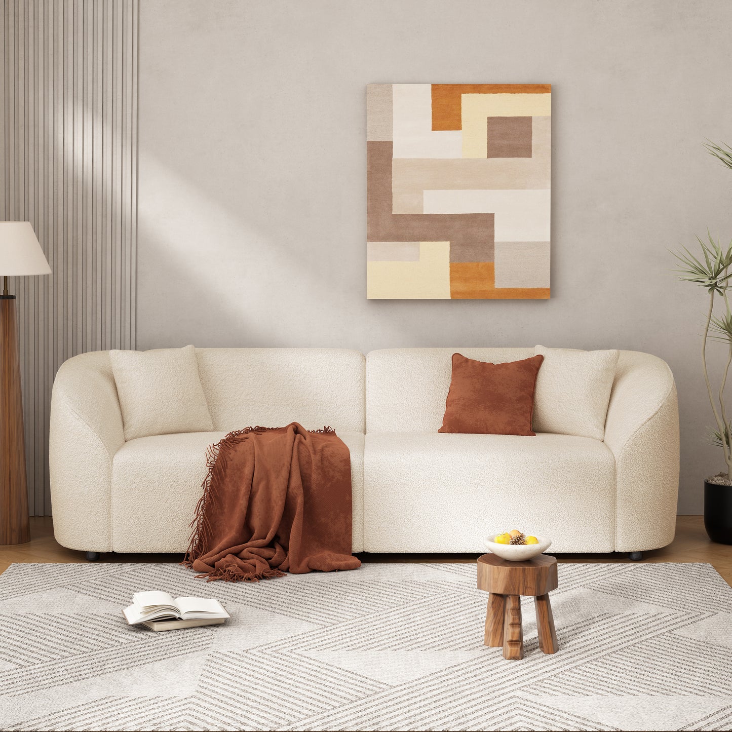 87 Curved Contemporary Sofa In Beige Plush Seating, Streamlined