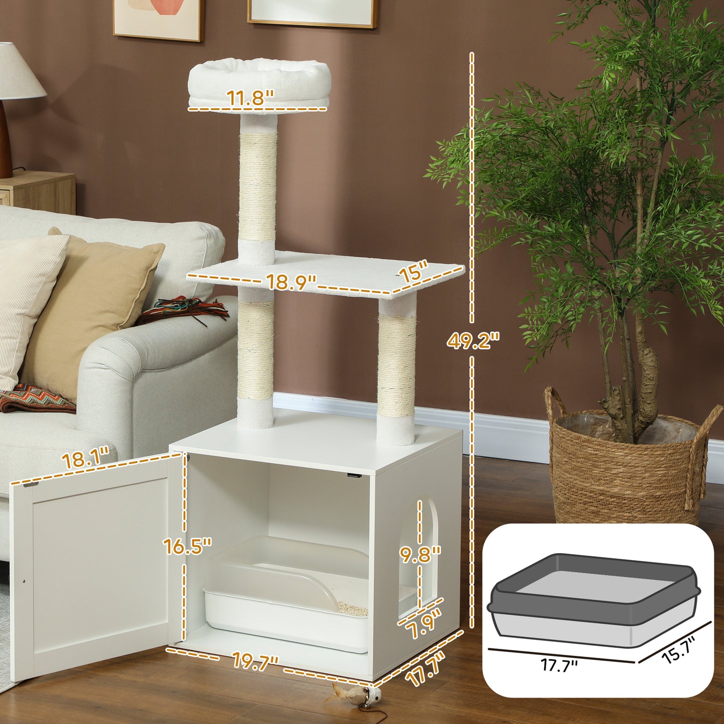 Multi-Functional Cat Tree with Litter Box Enclosure, Climbing Posts & Bed - White