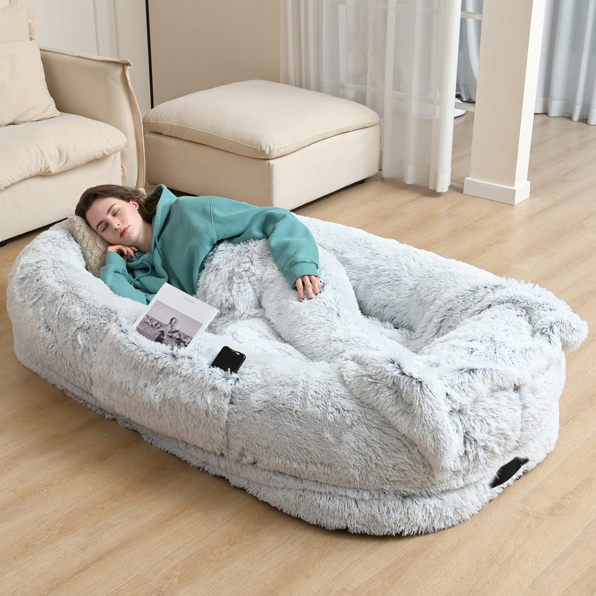 Oversized Human & Pet Dog Bed with Orthopedic Support - 71 x 45 Inch Faux Fur Lounger, Washable Cover, Pillow & Blanket Included