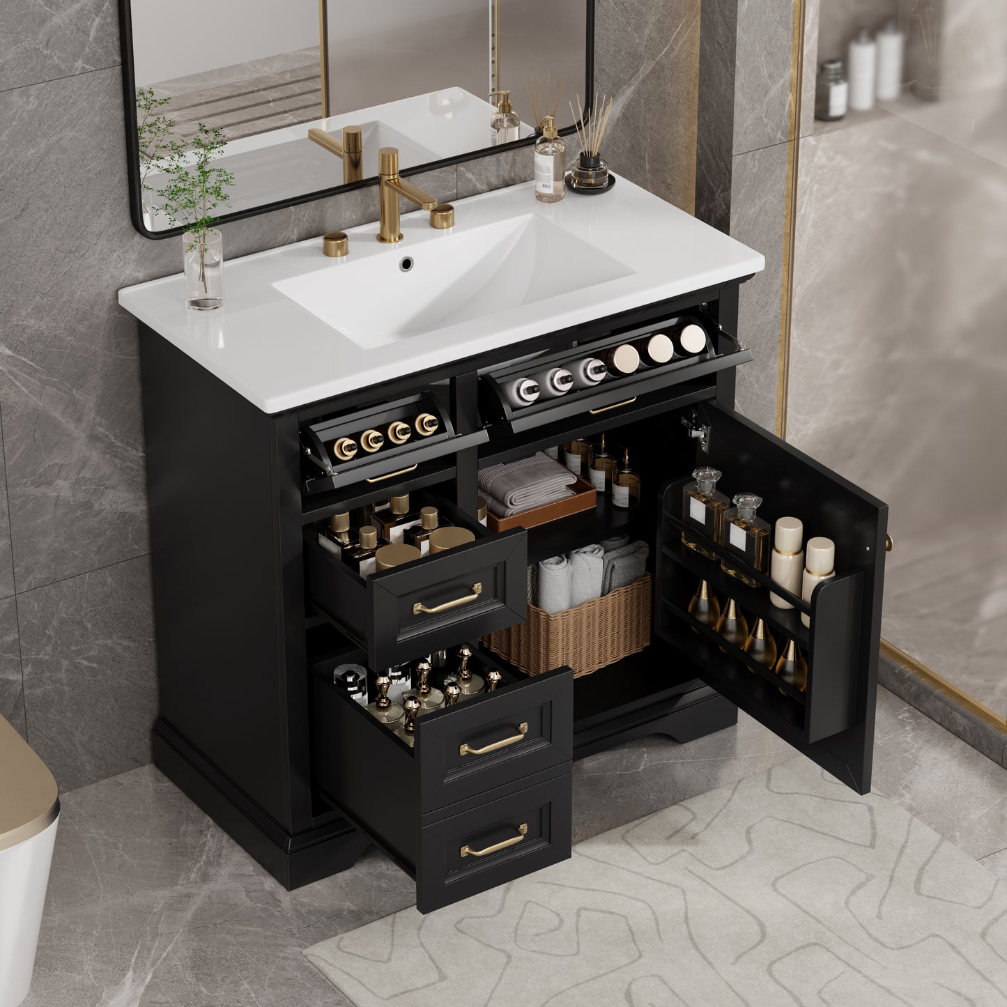 36-Inch Bathroom Vanity with Ceramic Sink, 4 Drawers, Black