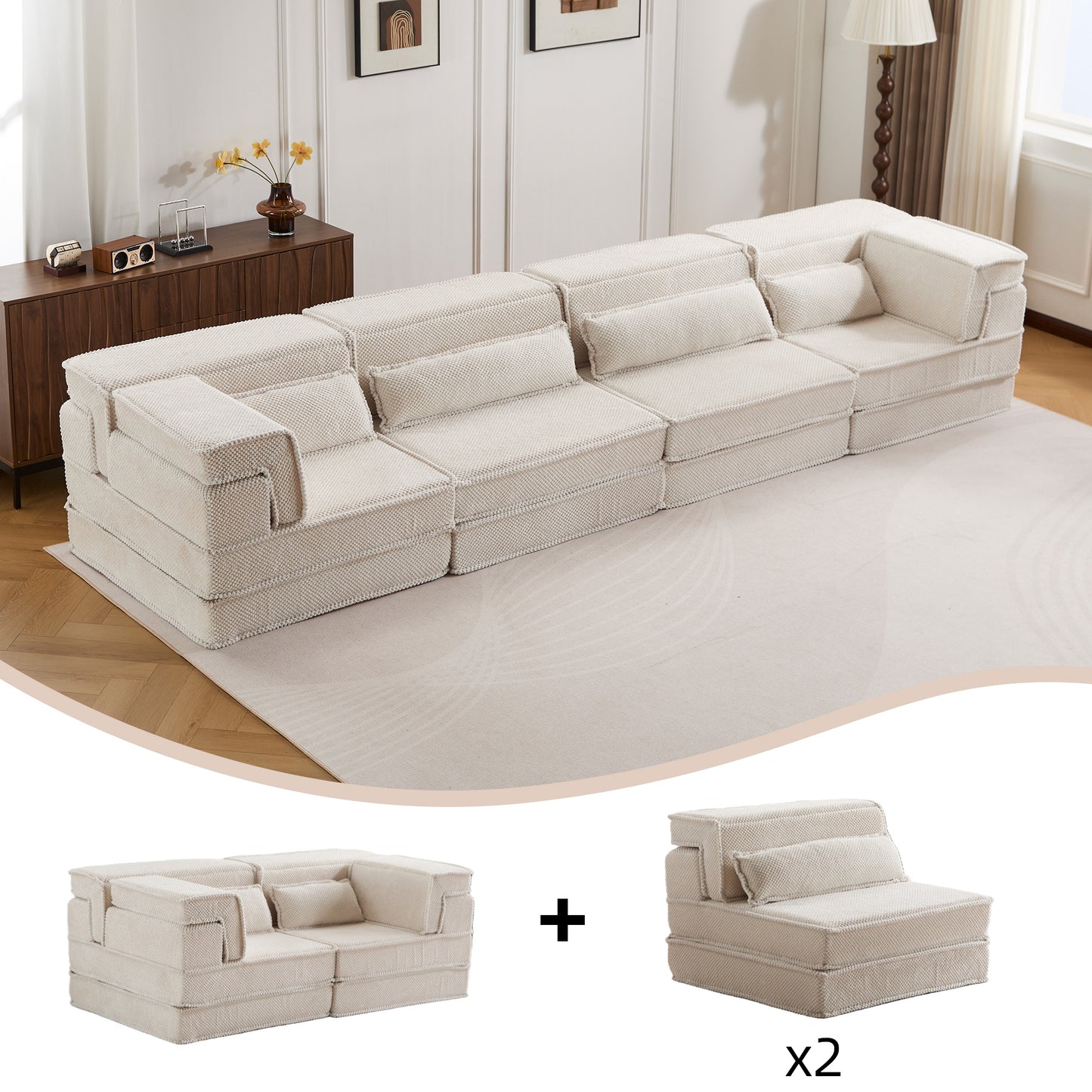 Convertible Compression Sofa Bed - Oversized 4 Seater, White