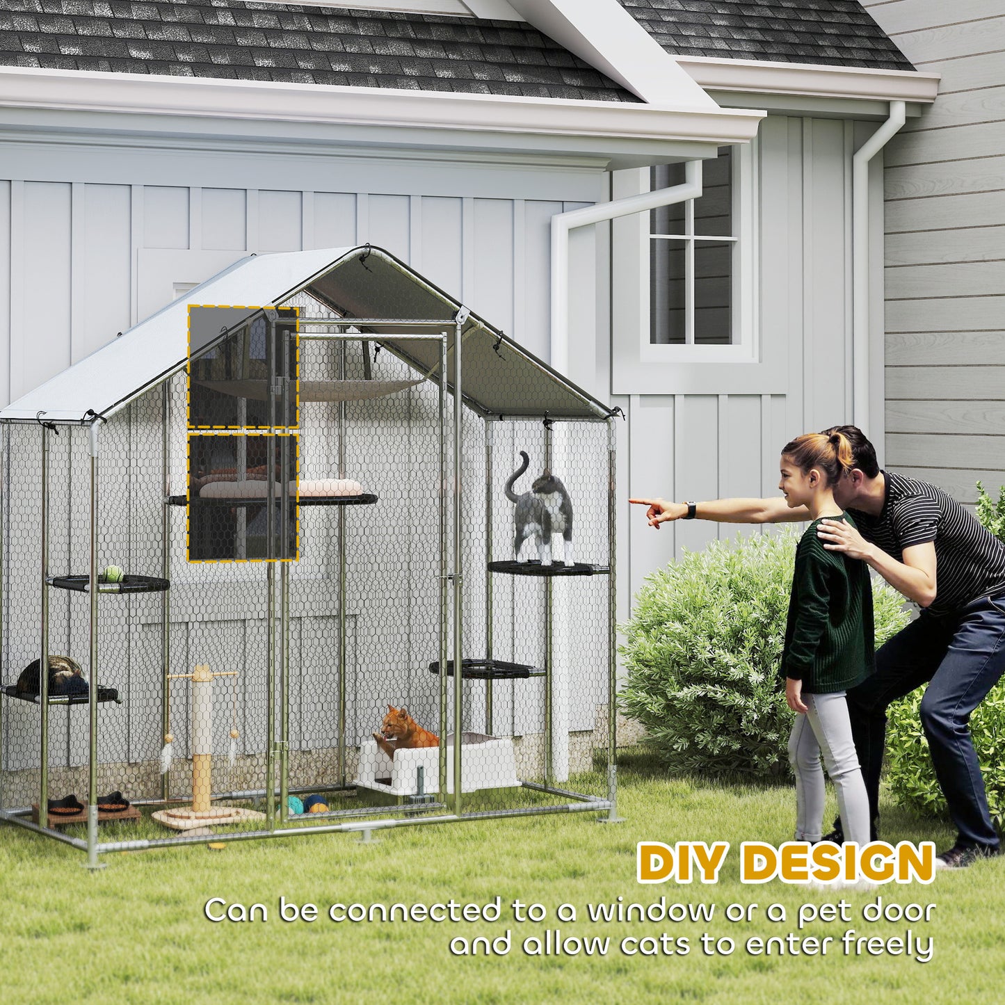 Large Outdoor Cat Enclosure with Waterproof Cover, Walk-In Design & Adjustable Platforms