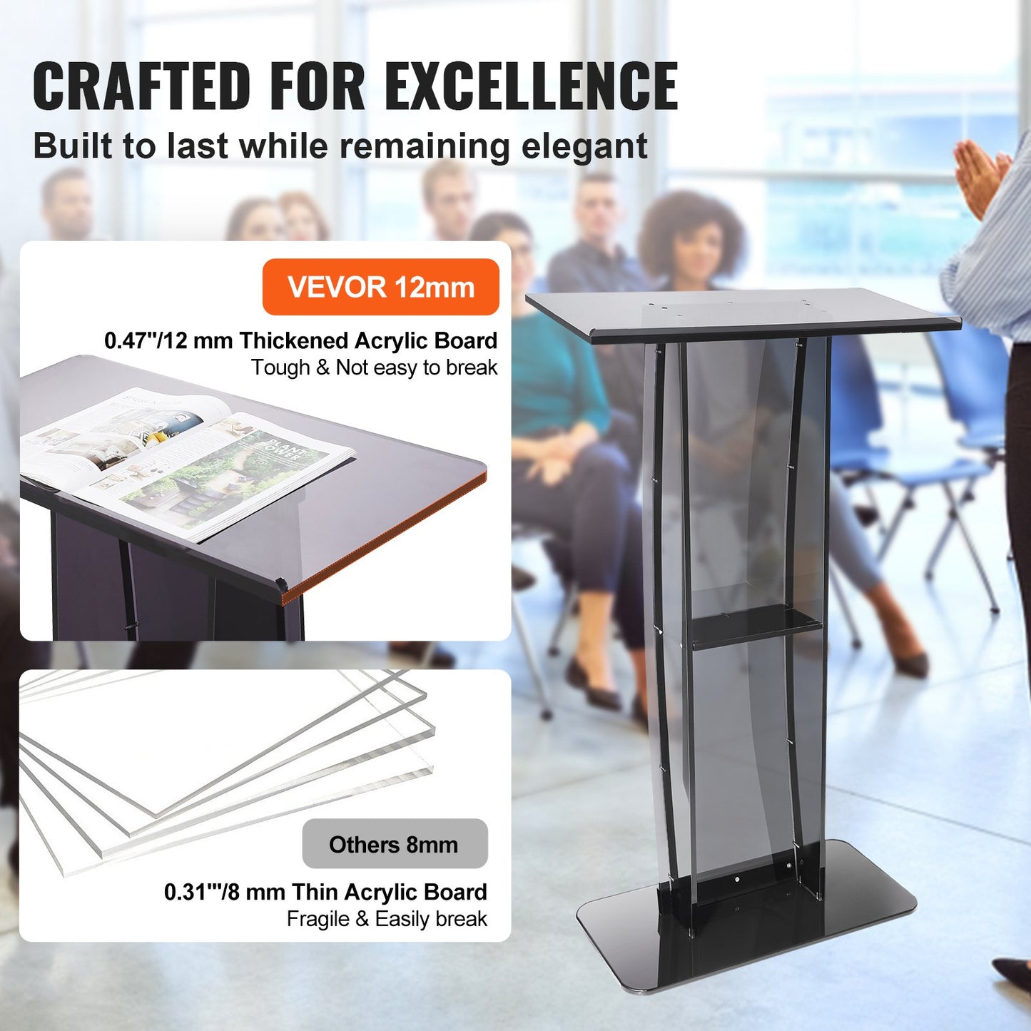 47" Acrylic Podium Stand with Storage Shelf - Black