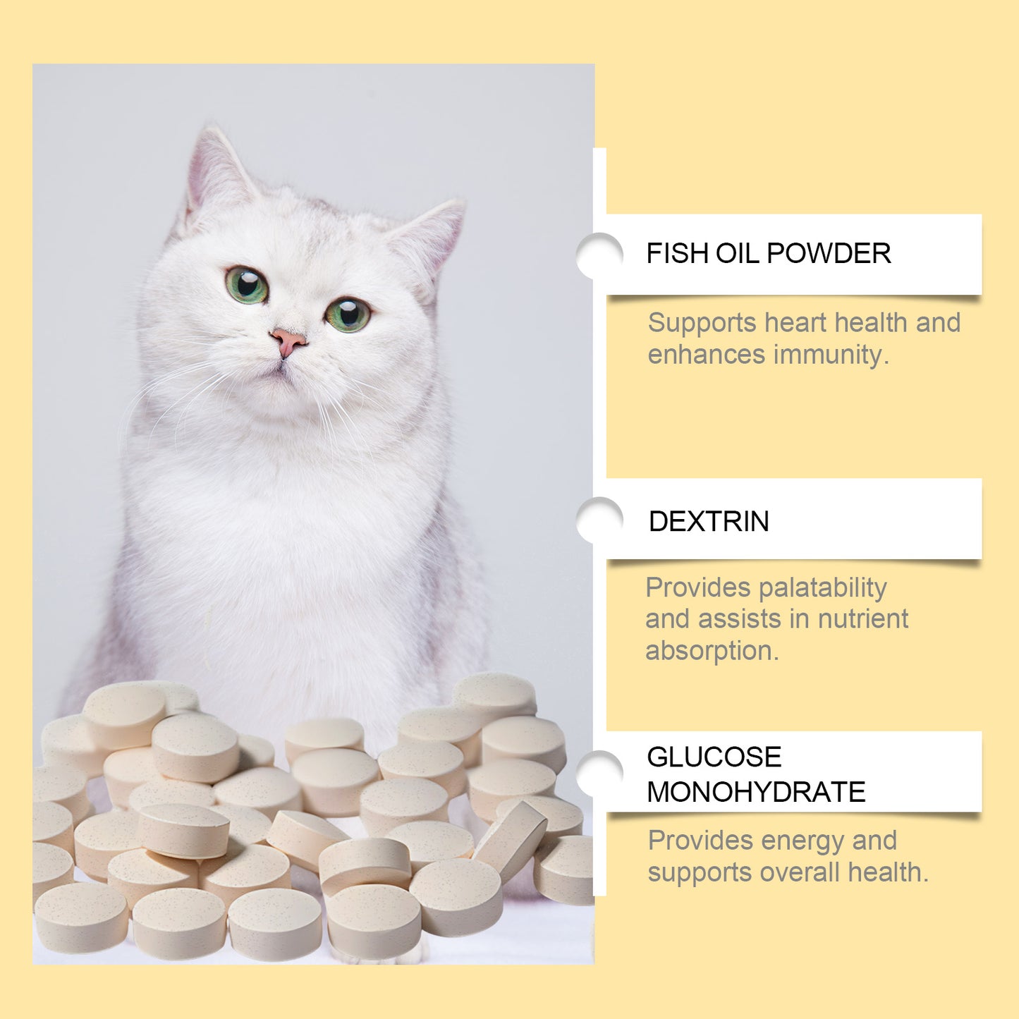 Fish Oil Tablets for Cats - Multivitamin Skin & Coat Supplement, Supports Immune, Heart & Bone Health - 60 Chewable
