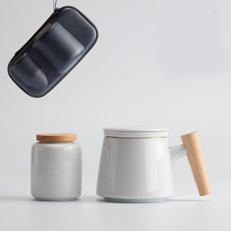 Ceramic Office Cup with Wooden Handle - Multiple Styles & Travel Bag