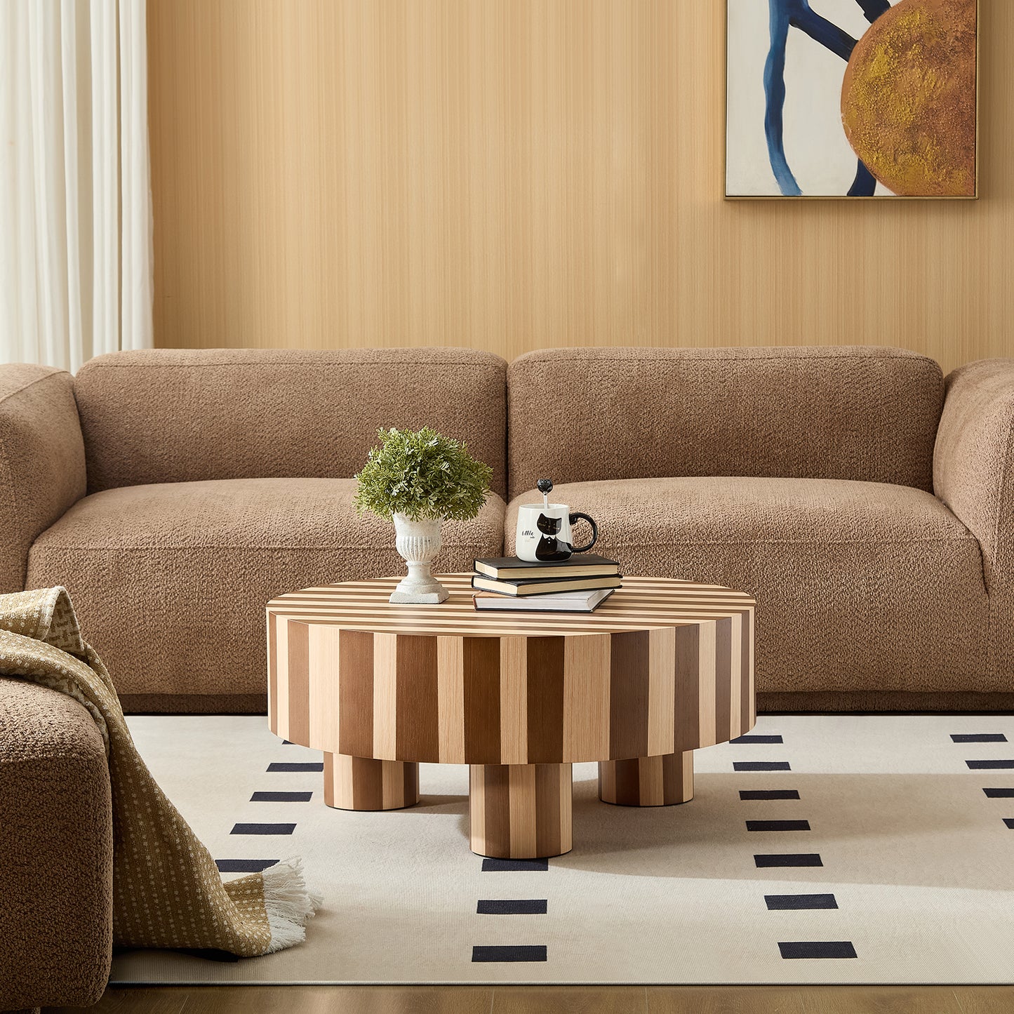 Round Wood Coffee Table, Natural Finish For Living Room