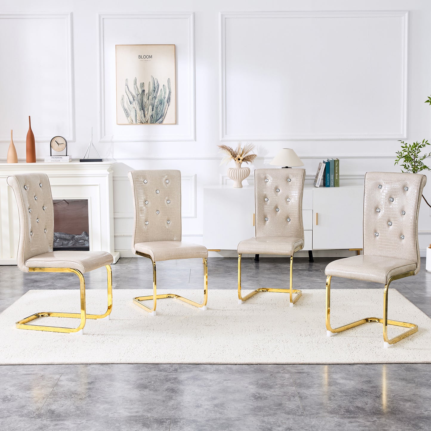 Set of 4 Beige Retro Upholstered Dining Chairs with Crystal Buckle