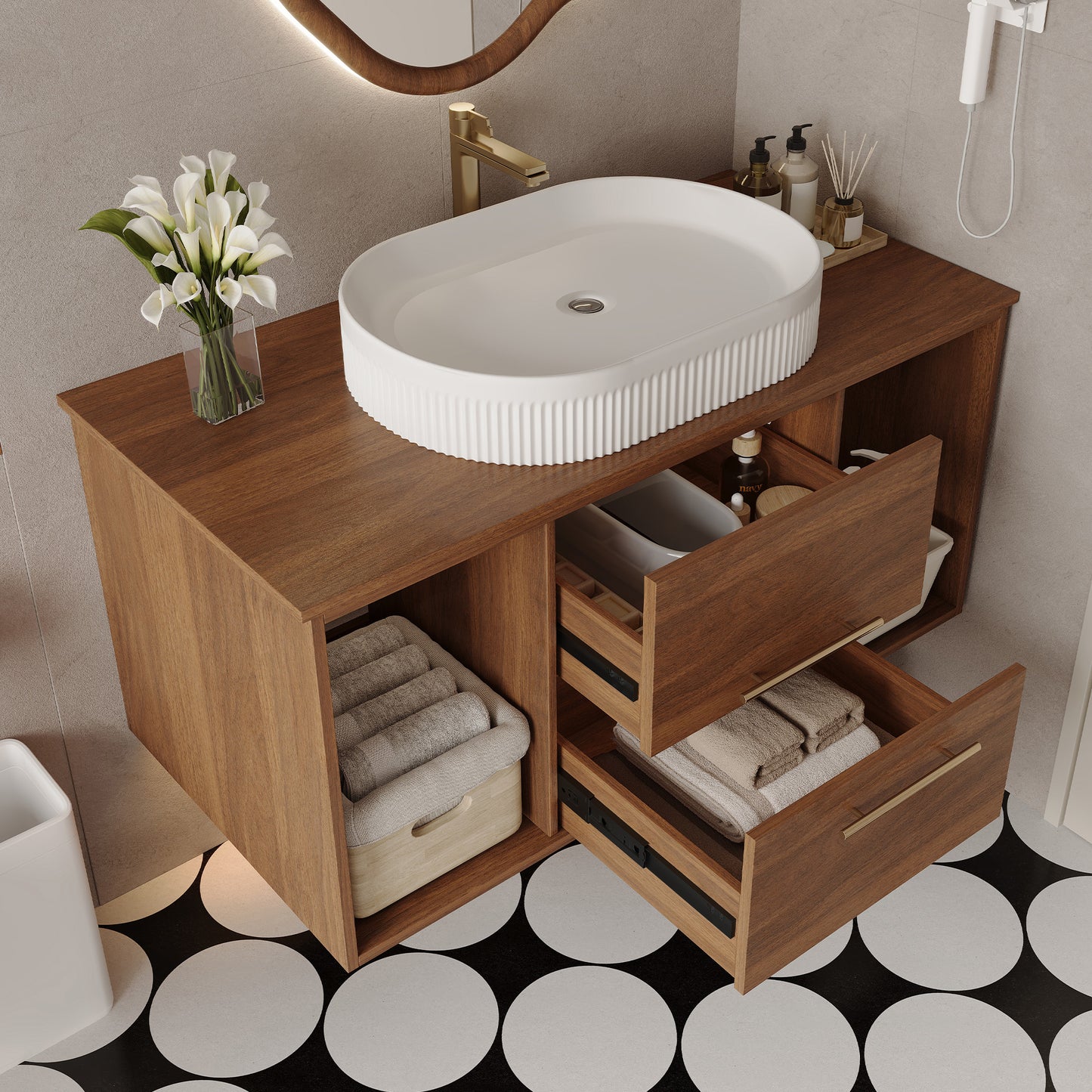 39.4" Wall-Mounted Bathroom Vanity with Oval Sink - White & Walnut