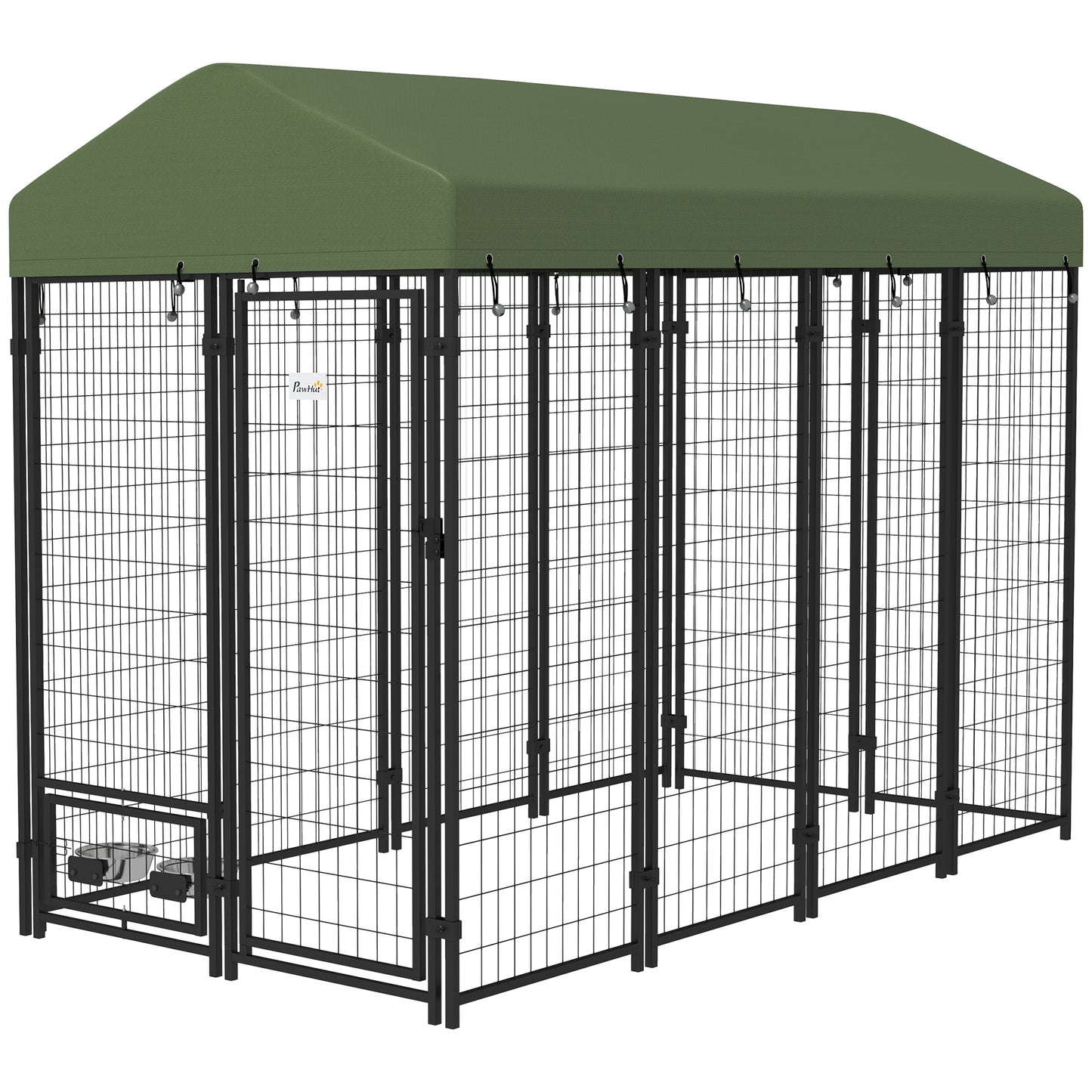 Large Outdoor Dog Kennel with Rotating Bowl Holders and Waterproof Cover, Green, 8x4x6 ft