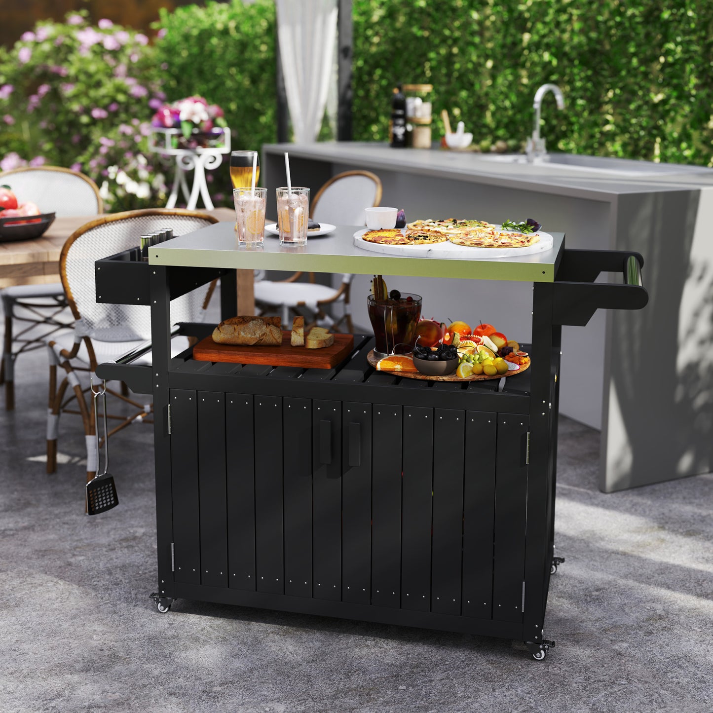 Outdoor Bar Cart with Stainless Steel Top & Storage - Black