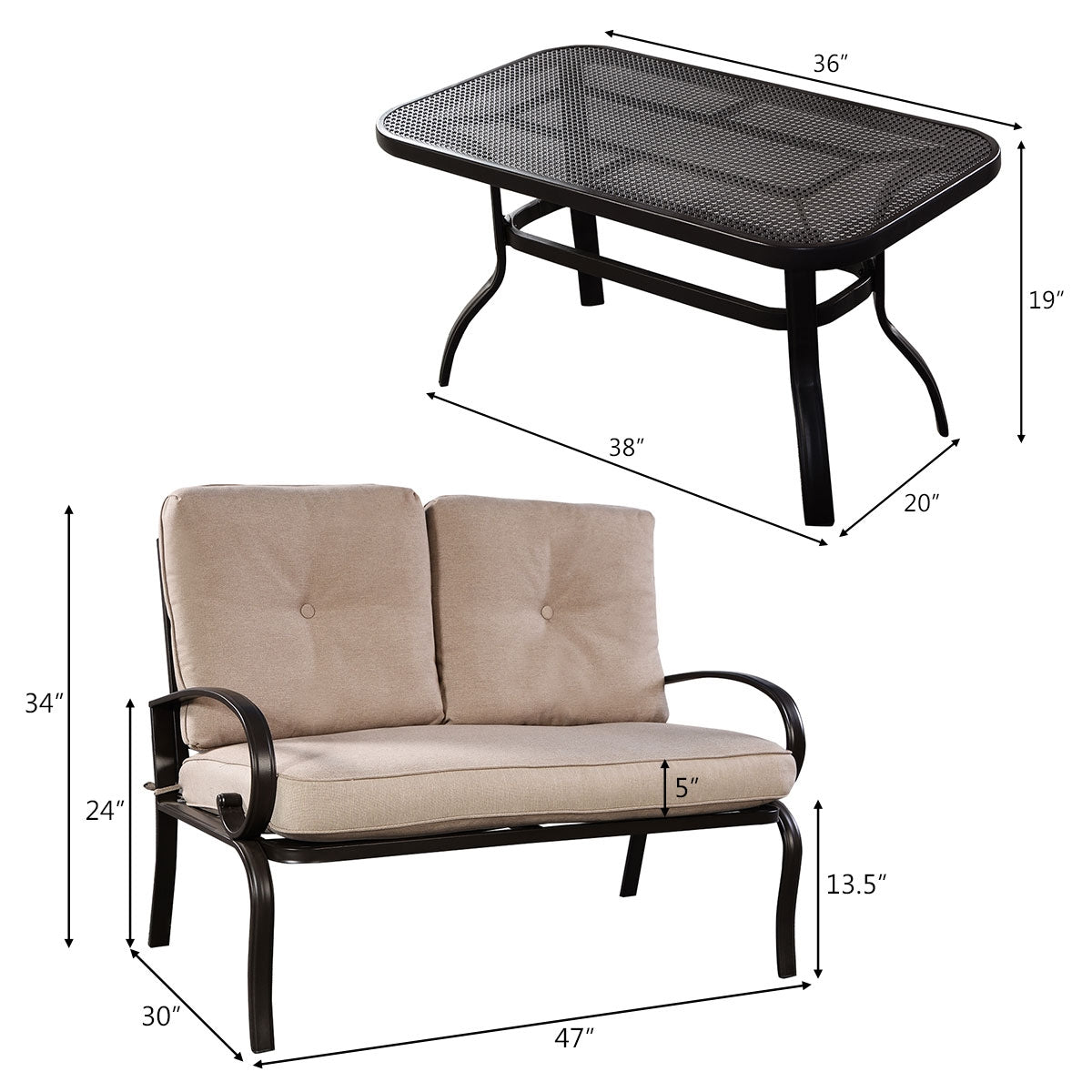 2-Piece Outdoor Cushioned Loveseat and Coffee Table Set - Beige