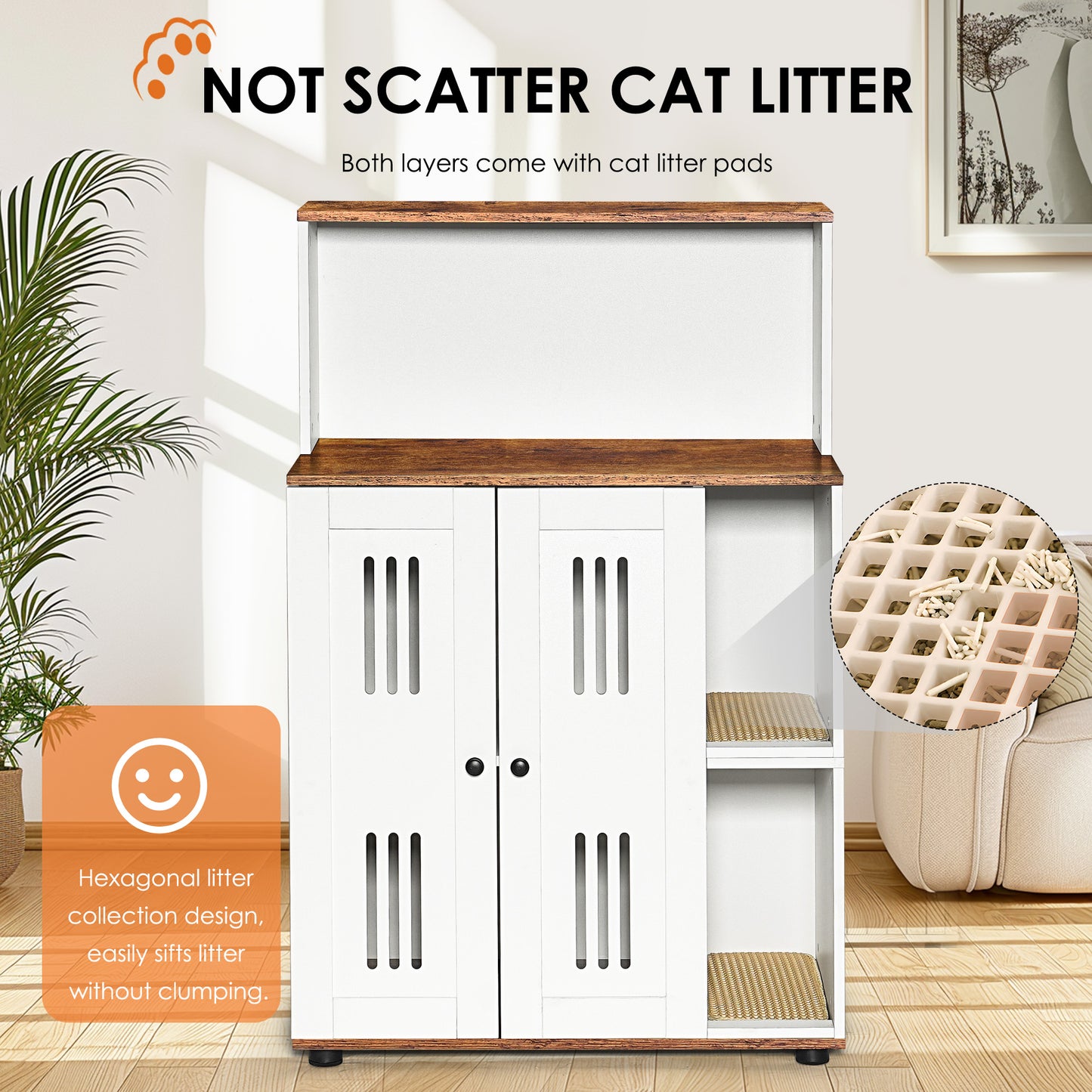 Litter Box Enclosure For 2 Cats,Hidden Cat Furniture, Double Cabinet,