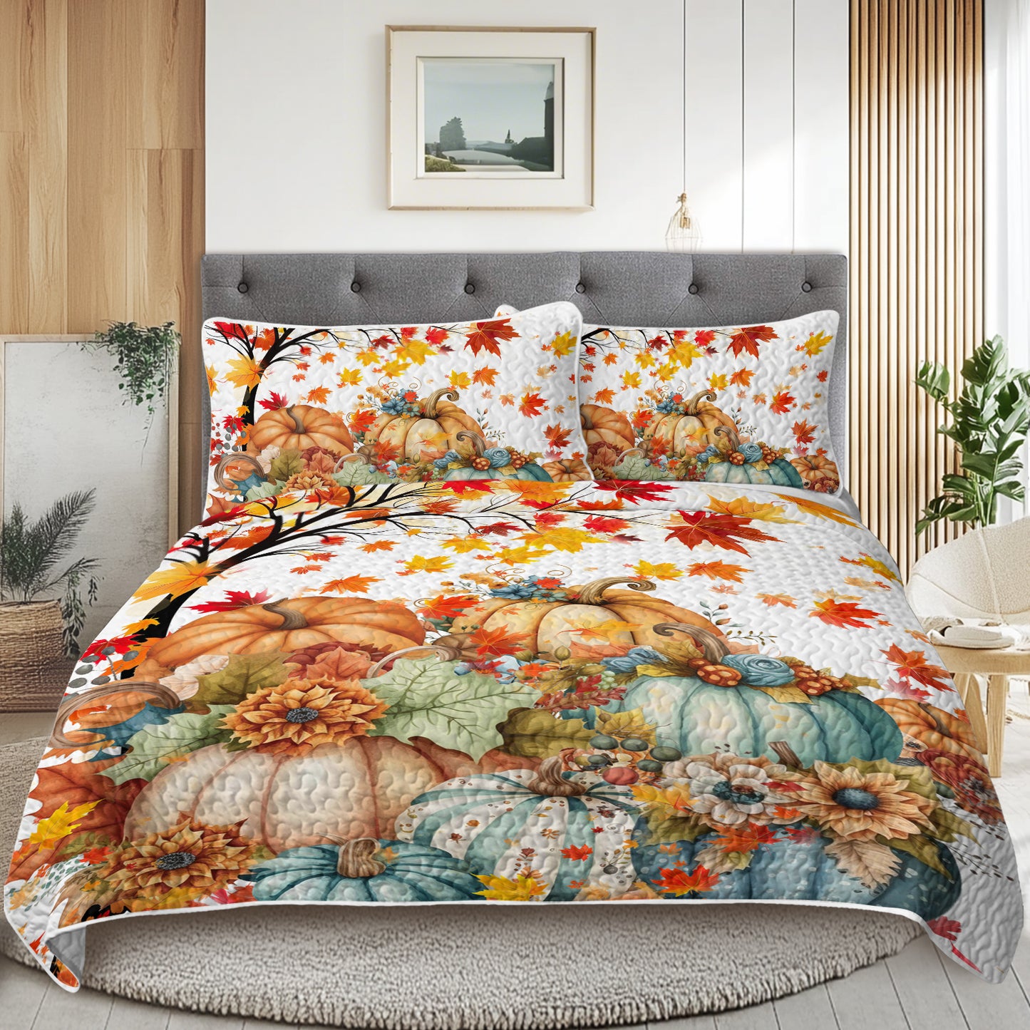 Pumpkin Print Quilt Set - Autumn Theme Bedding Set
