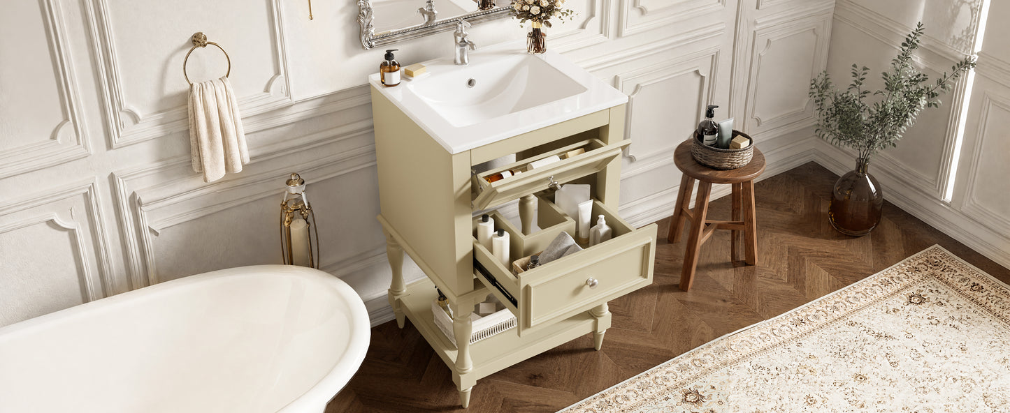 20'' Beige Bathroom Vanity with Ceramic Sink & 2 Drawers