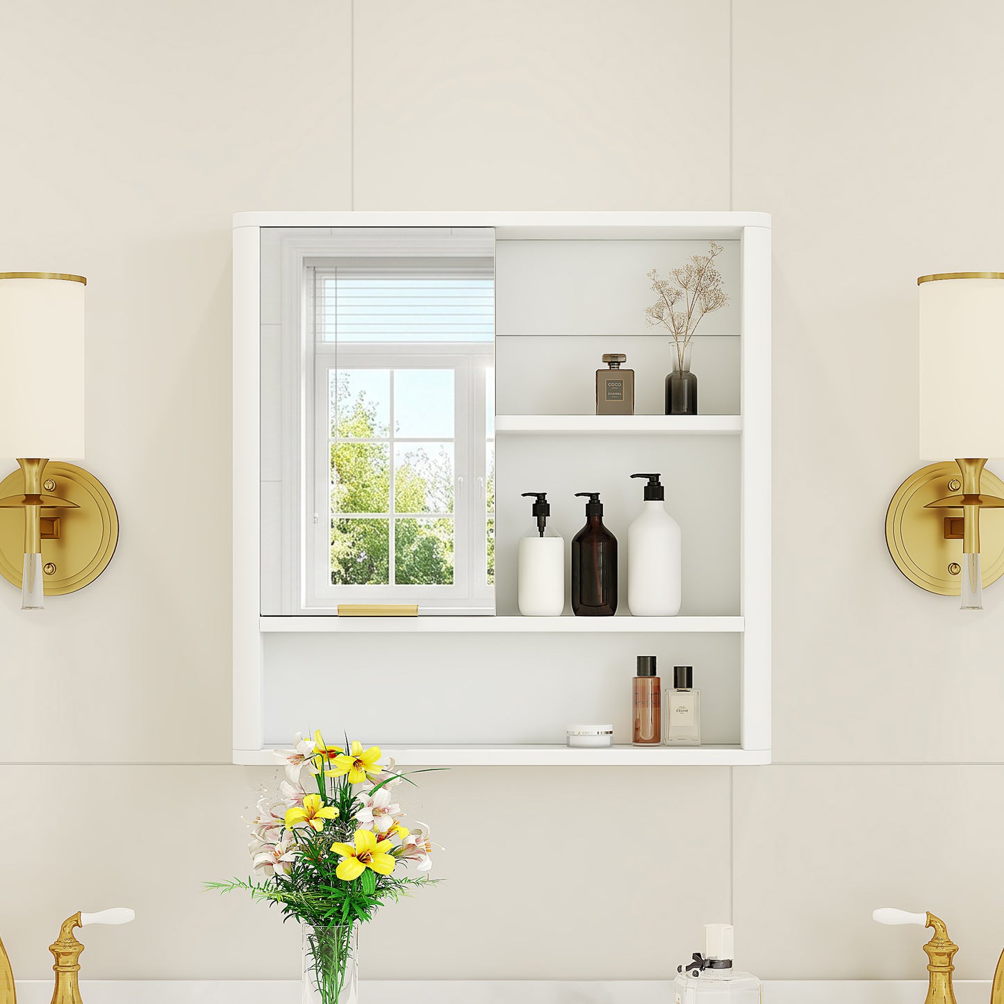 Wall Mounted Modern Bathroom Mirror Cabinet with Gold Accent