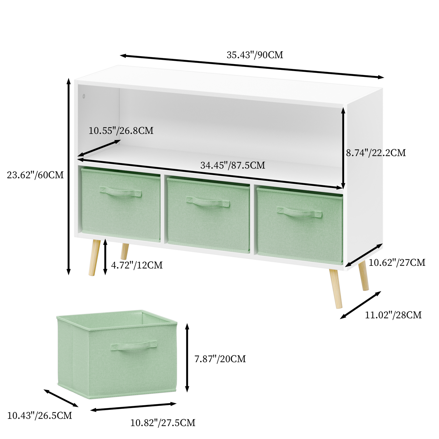 Kids Bookcase with Collapsible Fabric Drawers - White & Green