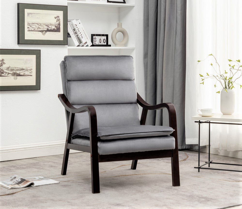 Mid-Century Modern Grey Accent Chair With Wood Armrest, Upholstered