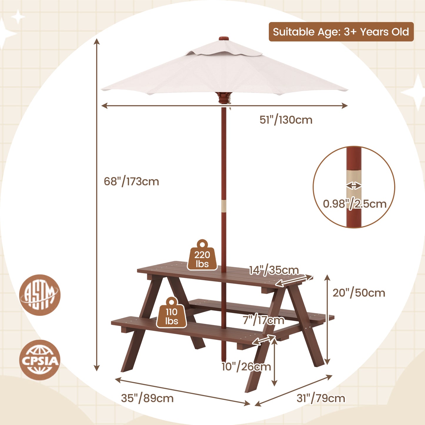 Outdoor 4-Seat Picnic Table with Detachable Umbrella