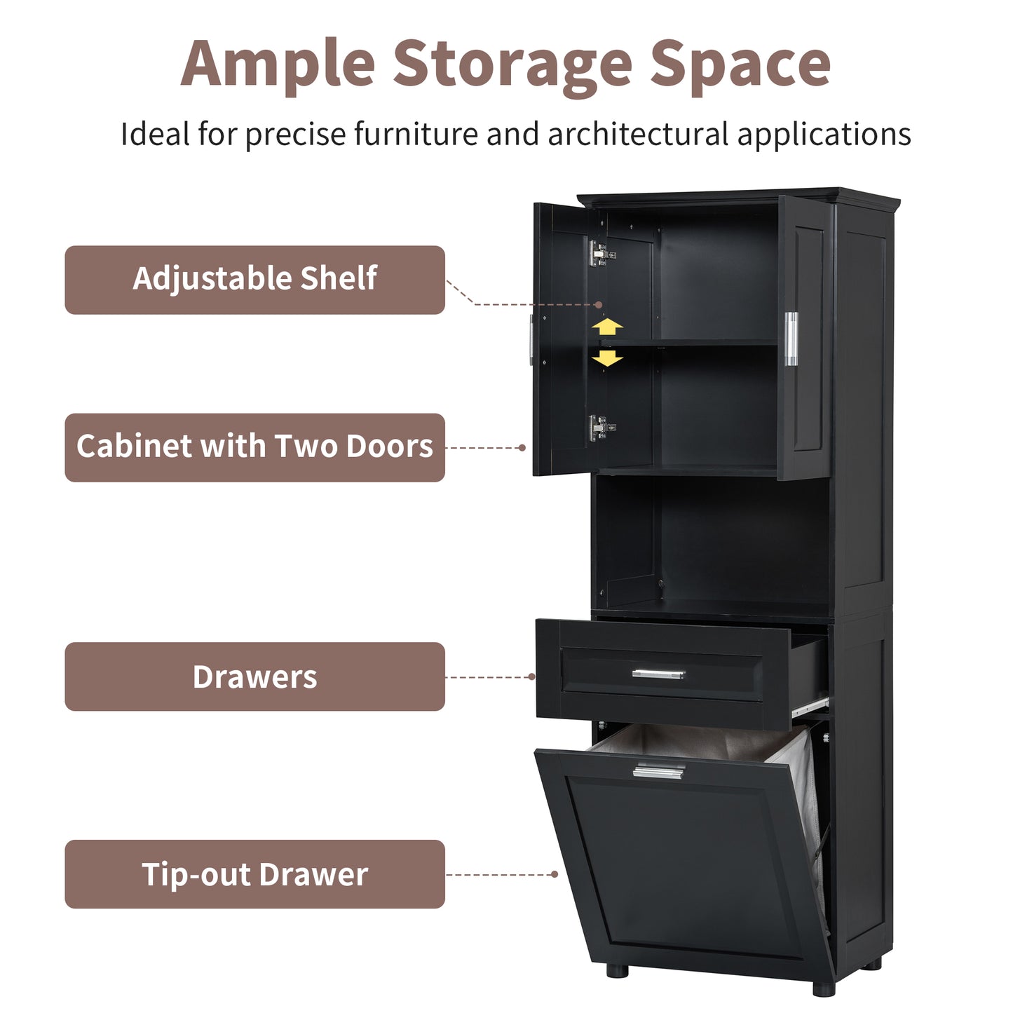 Tall Bathroom Cabinet with Laundry Basket - Black Storage Unit
