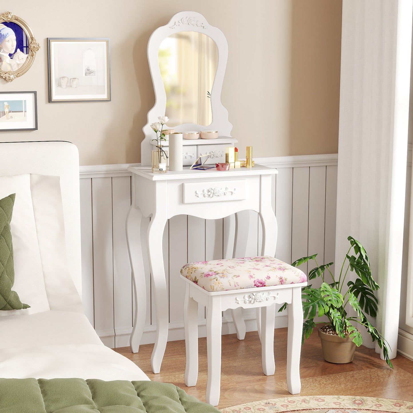 Makeup Vanity Table with 3 Drawers & Cushioned Stool - White