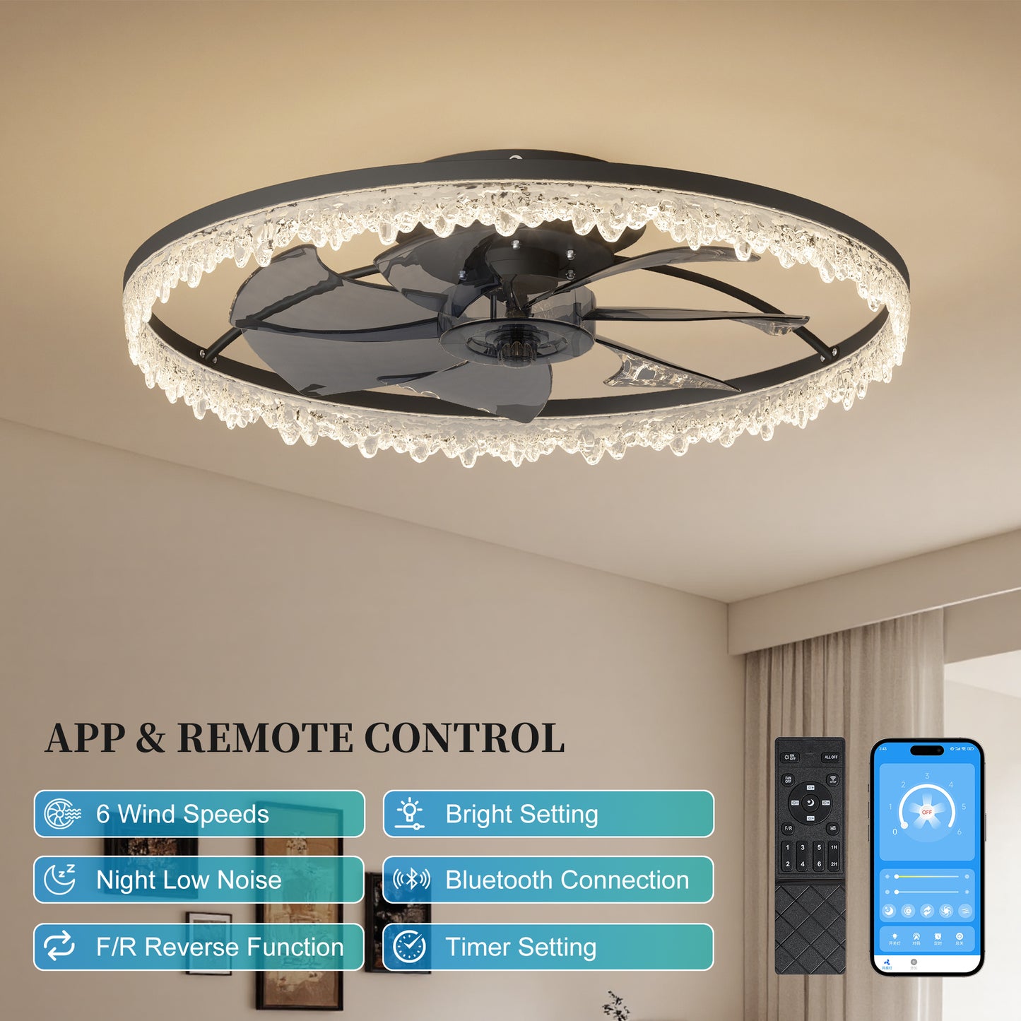 20-Inch Black Smart Ceiling Fan Light with Remote Control