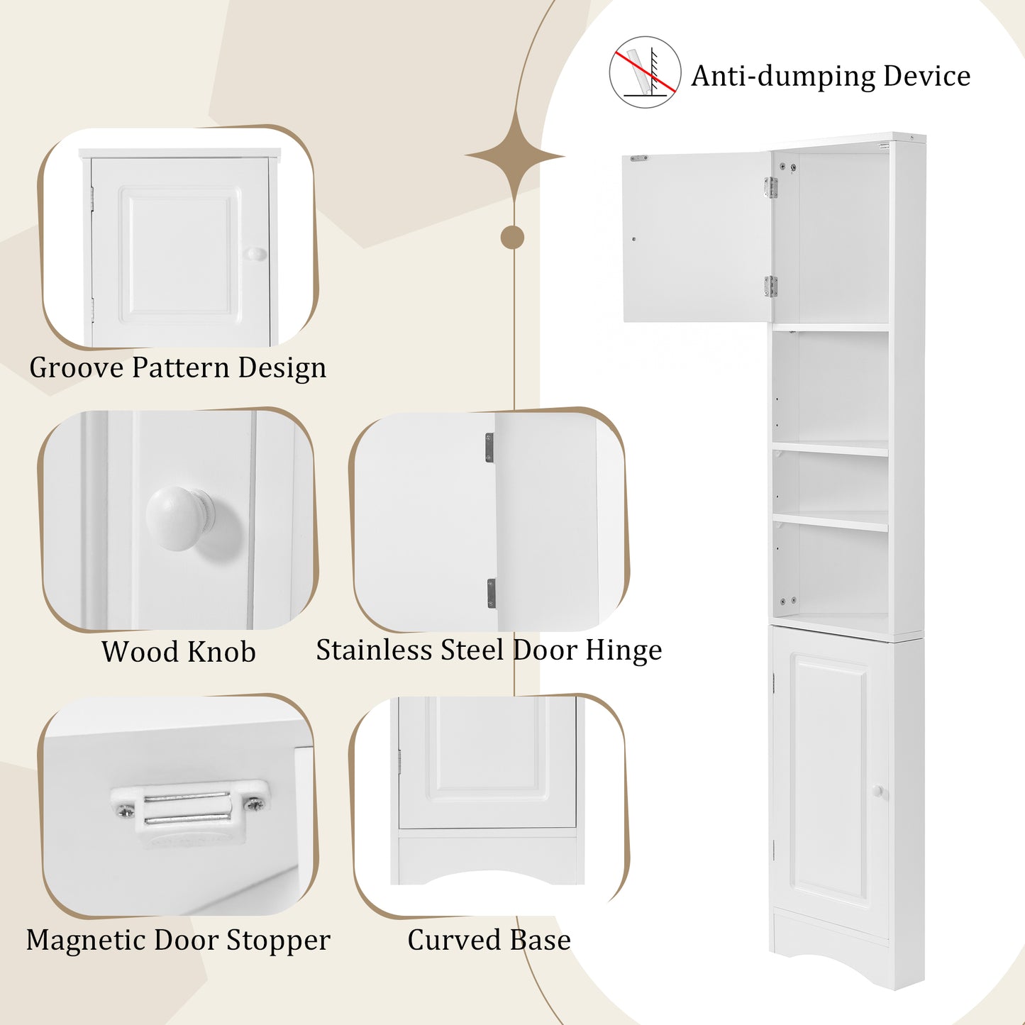 Tall Corner Bathroom Storage Cabinet with Adjustable Shelves - White