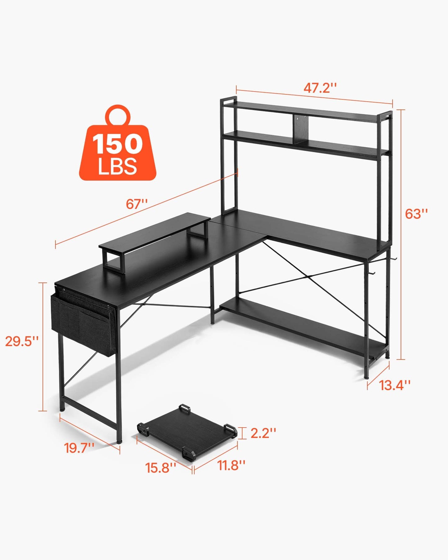 Reversible L-Shaped Computer Desk with Monitor Stand & CPU Holder - 67 Inch Home Office Gaming Desk