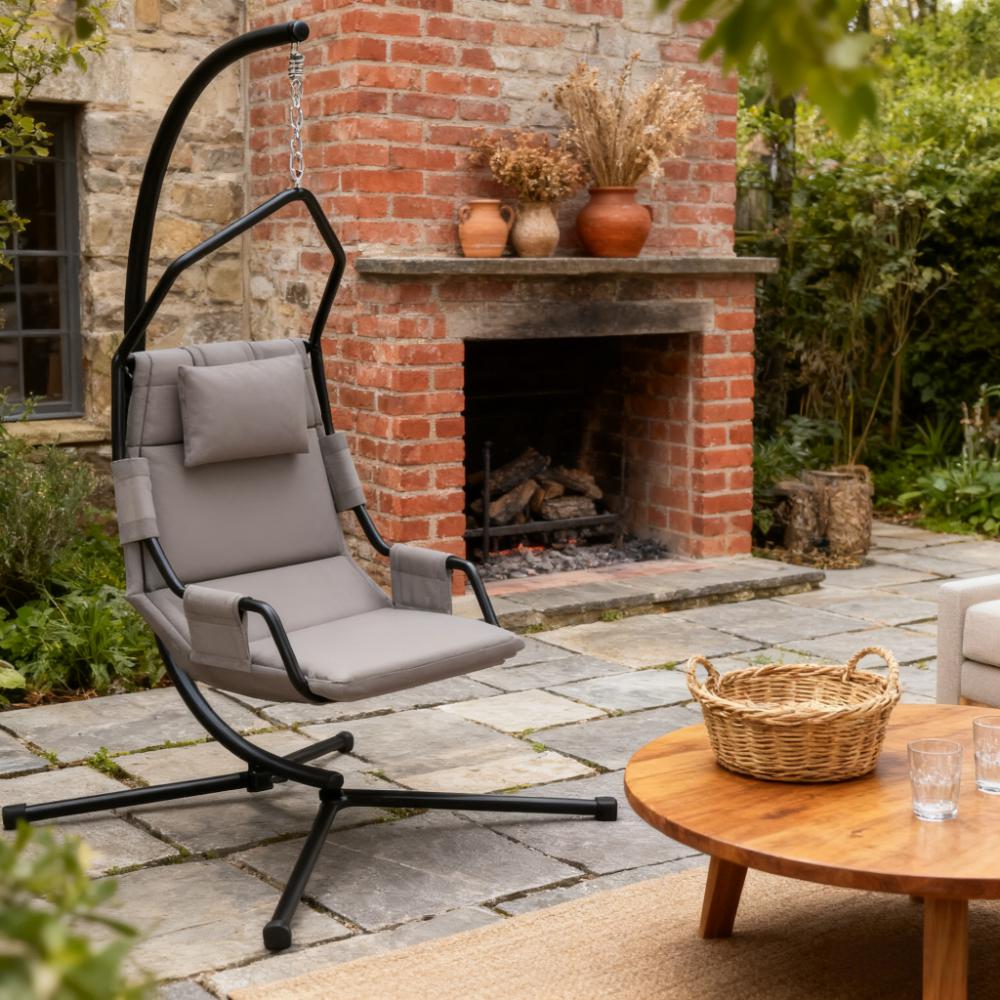 Hanging Swing Chair with Stand and Cushion - Black & Grey