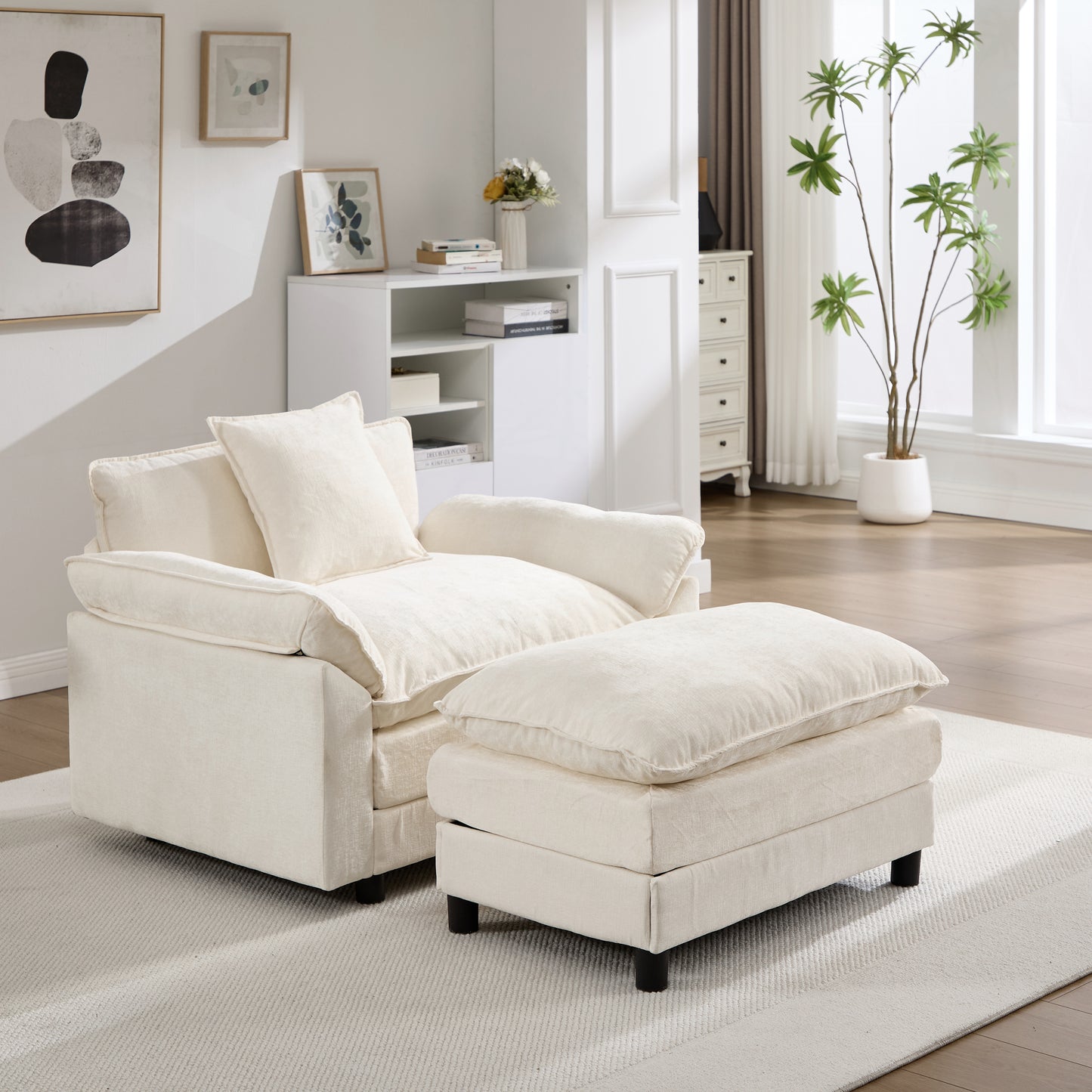 Modern Chenille Accent Chair with Ottoman - Beige Upholstered Armchair