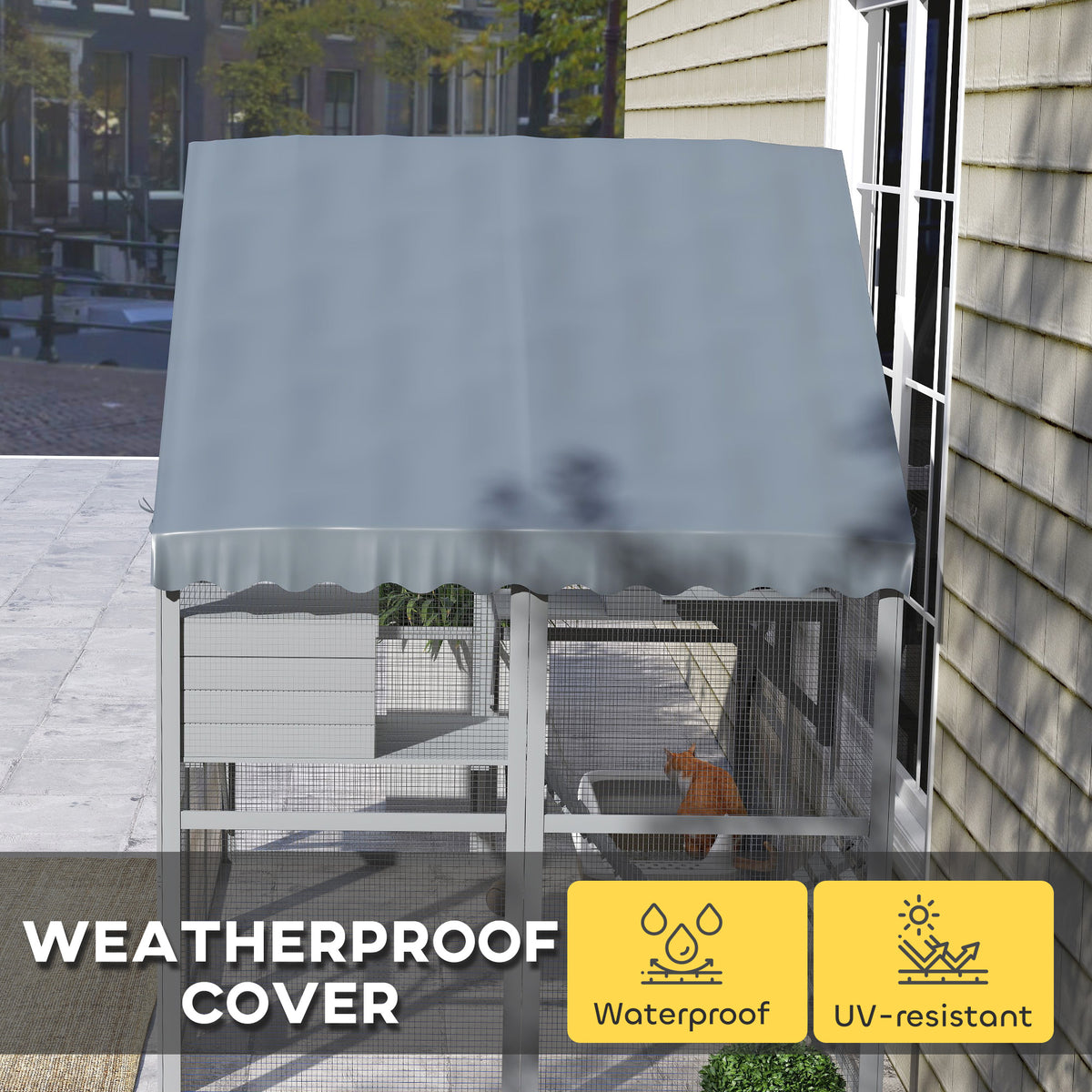 Outdoor Wooden Cat Enclosure with Waterproof Cover for 2-4 Cats - Gray