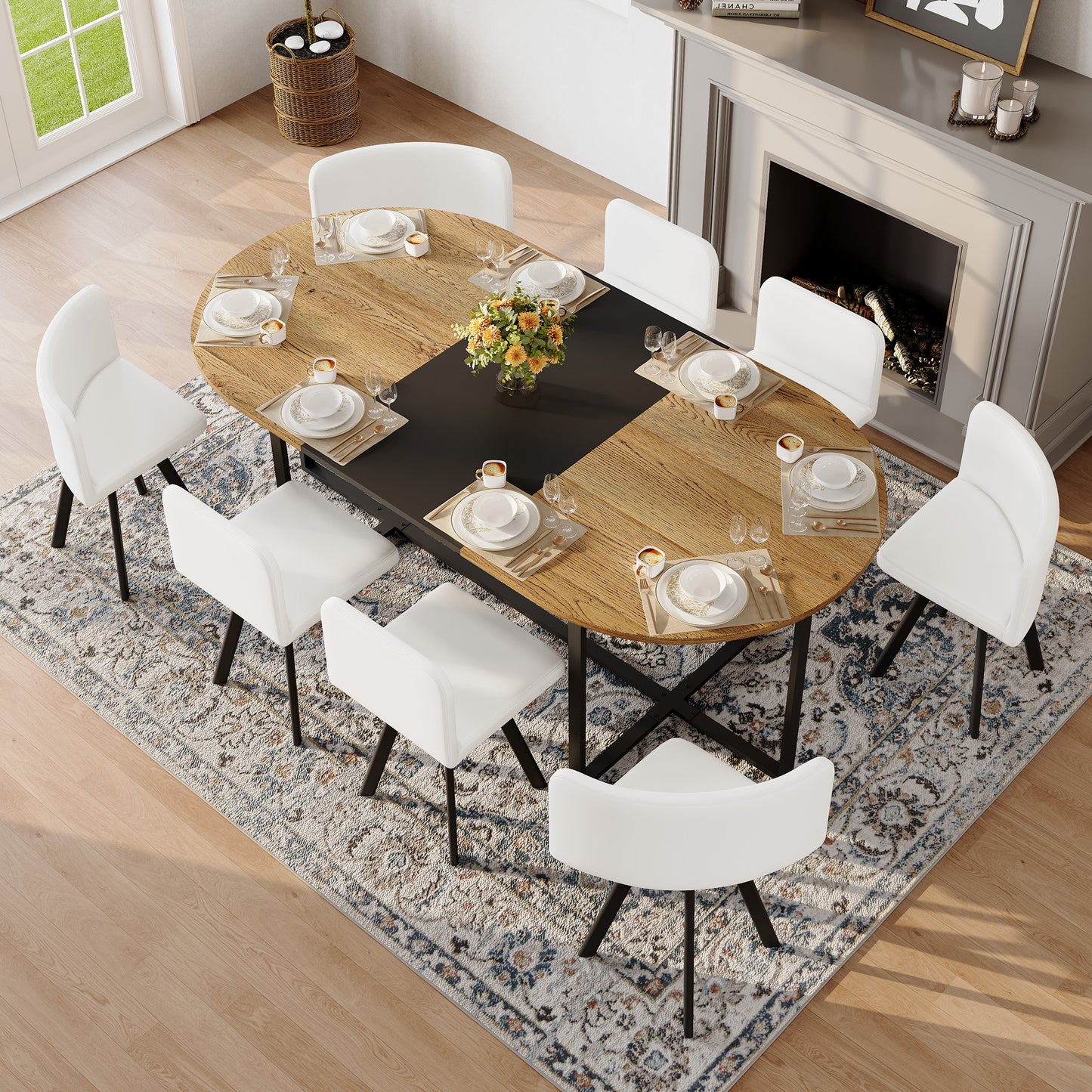9-Piece Oval Dining Table Set with 8 White PU Leather Chairs