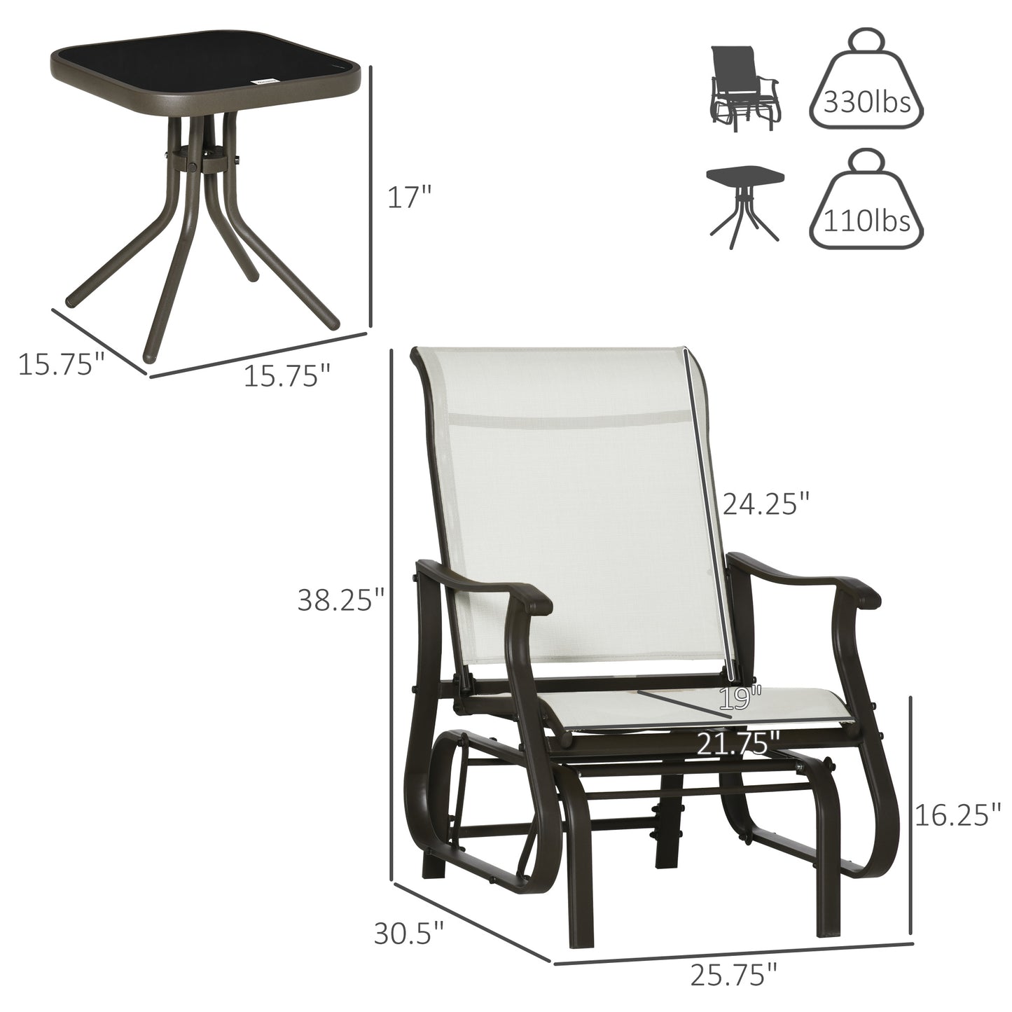 3-Piece Outdoor Glider Set with Steel Frame and Glass Table - Cream White