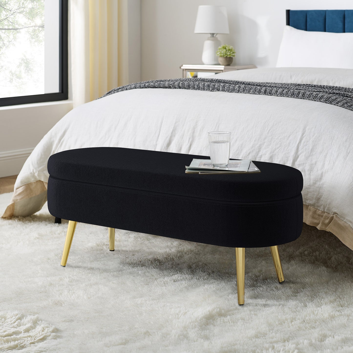 Ottoman Storage Bench - Black Flannel with Metal Legs