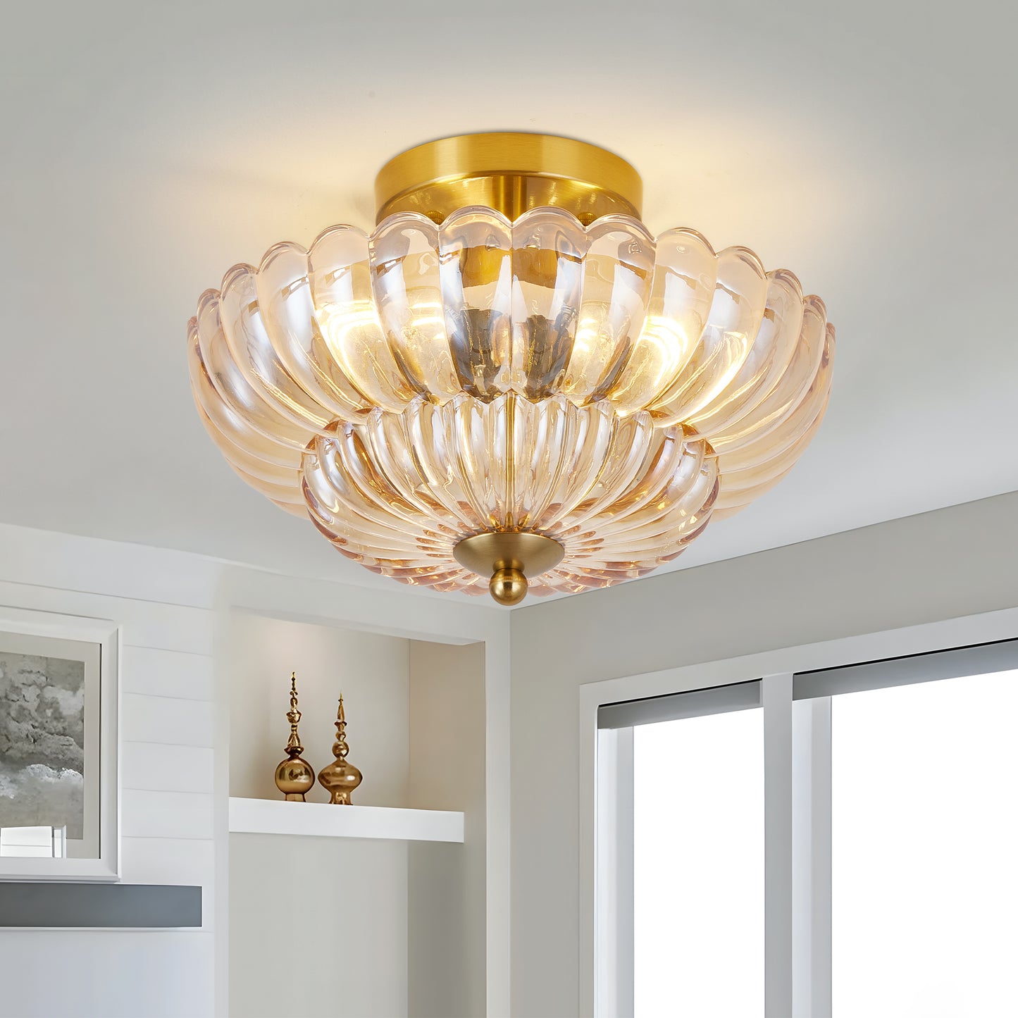 11.8 Inch Semi Flush Mount Ceiling Light with Flower Glass - Vintage Indoor Fixture