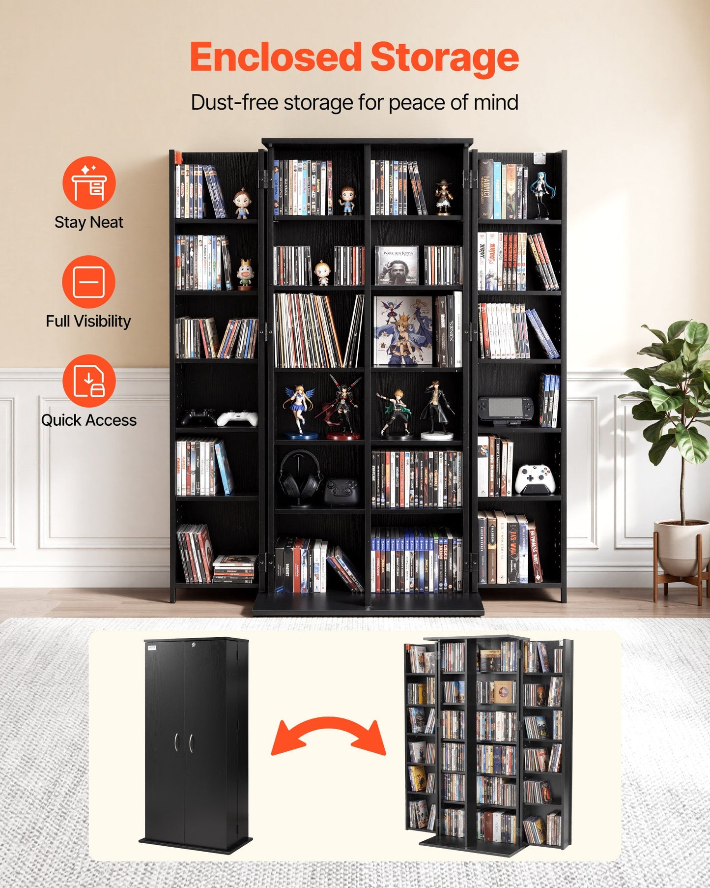 6-Tier Media Storage Cabinet with Doors - DVD & CD Organizer, Black