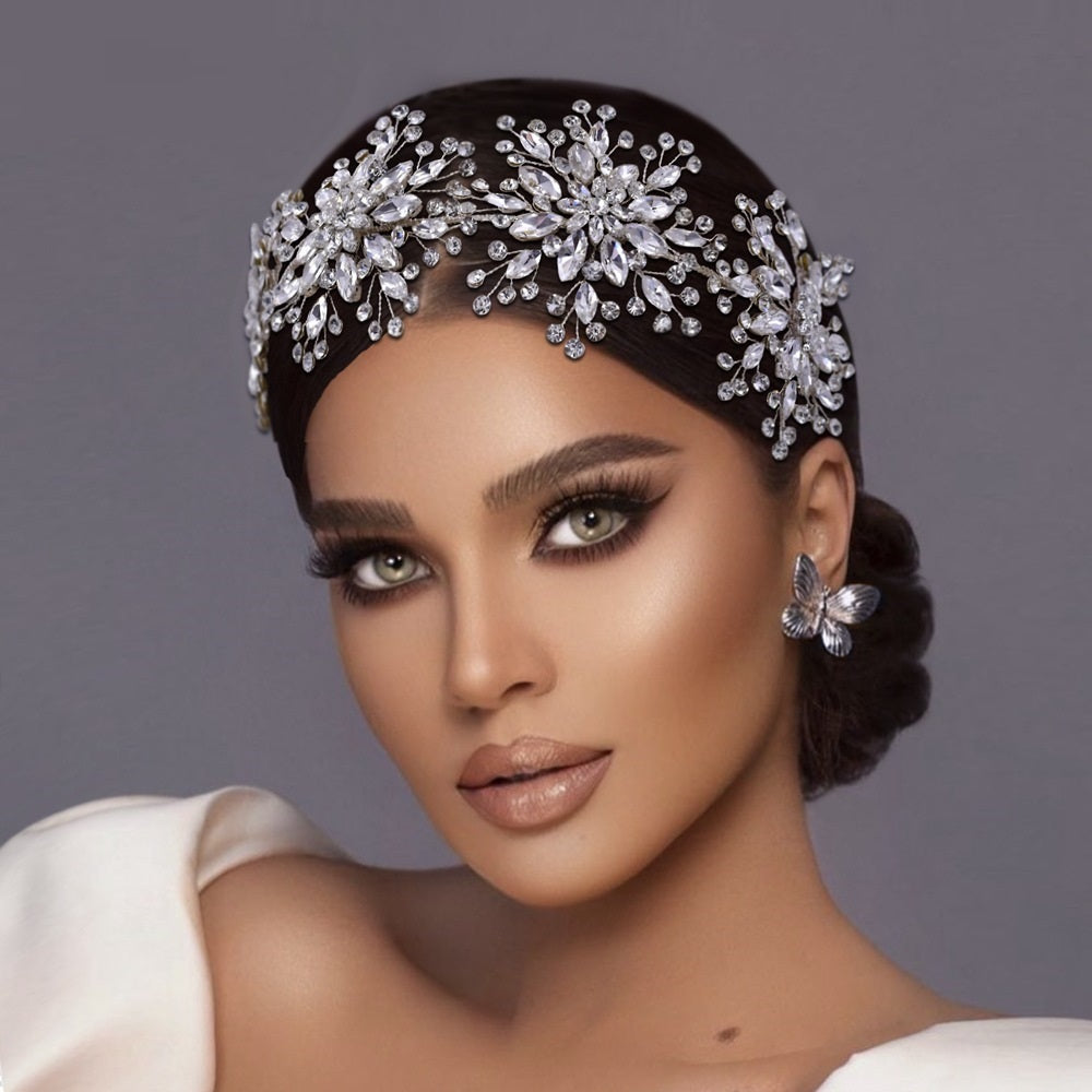3D Flower Rhinestone Hair Band - Silver