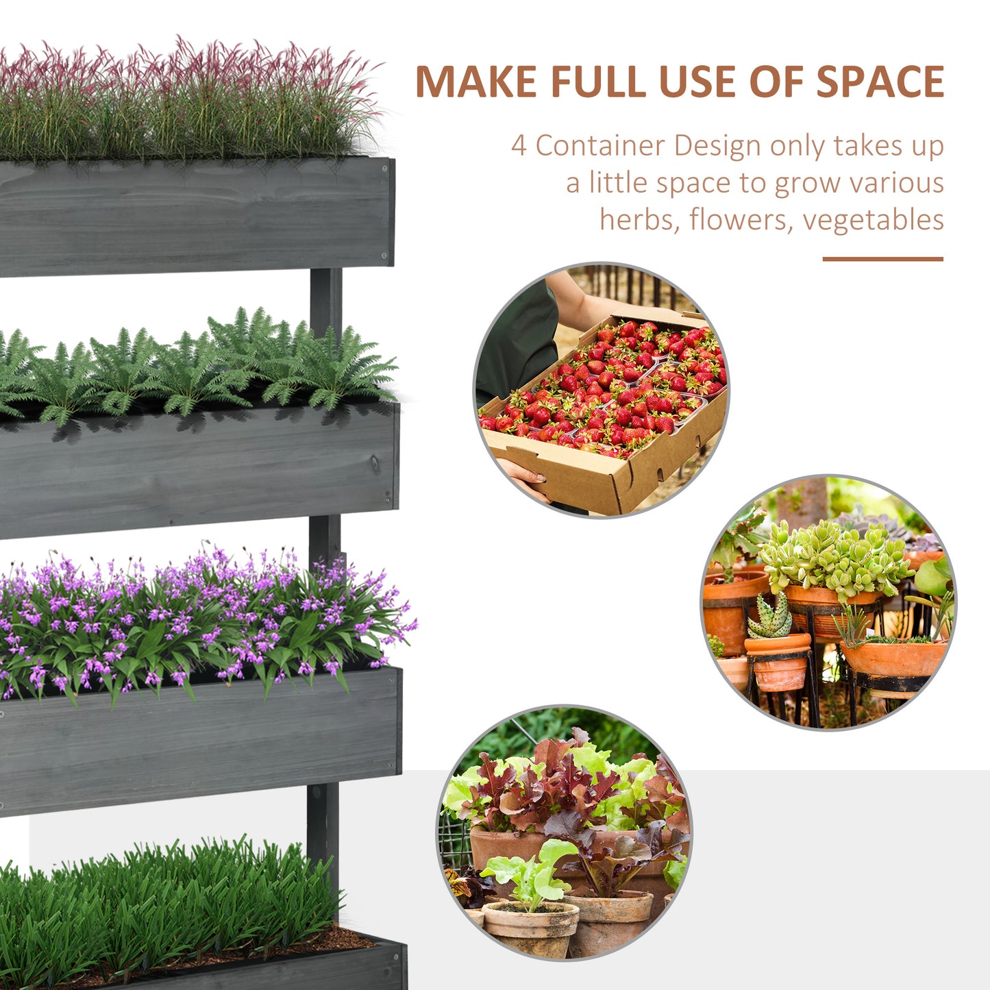 Outdoor Wooden Vertical Garden Planter Box - 4 Tier Self-Draining Herb Vegetables Flower Bed