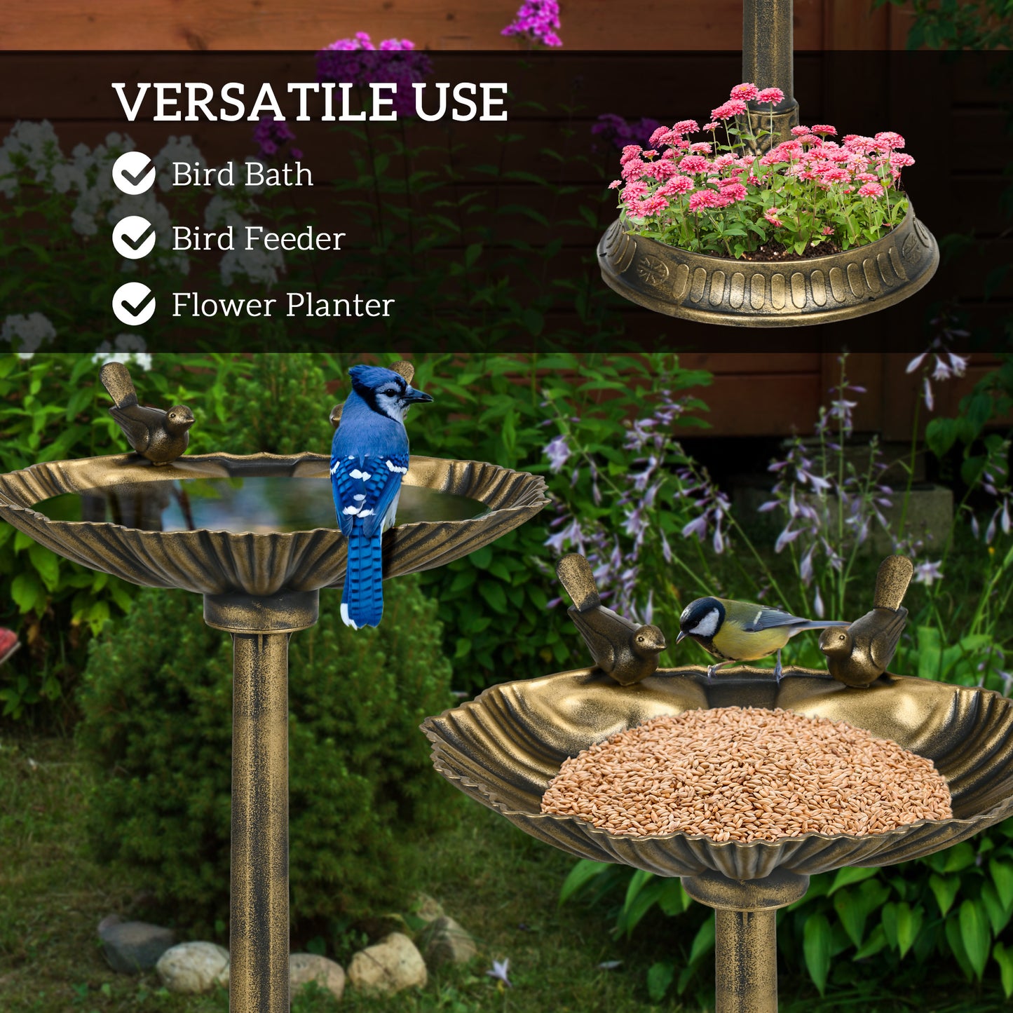 32-Inch Bronze Bird Bath with Bird Statues and Planter Pedestal - Outdoor Decor