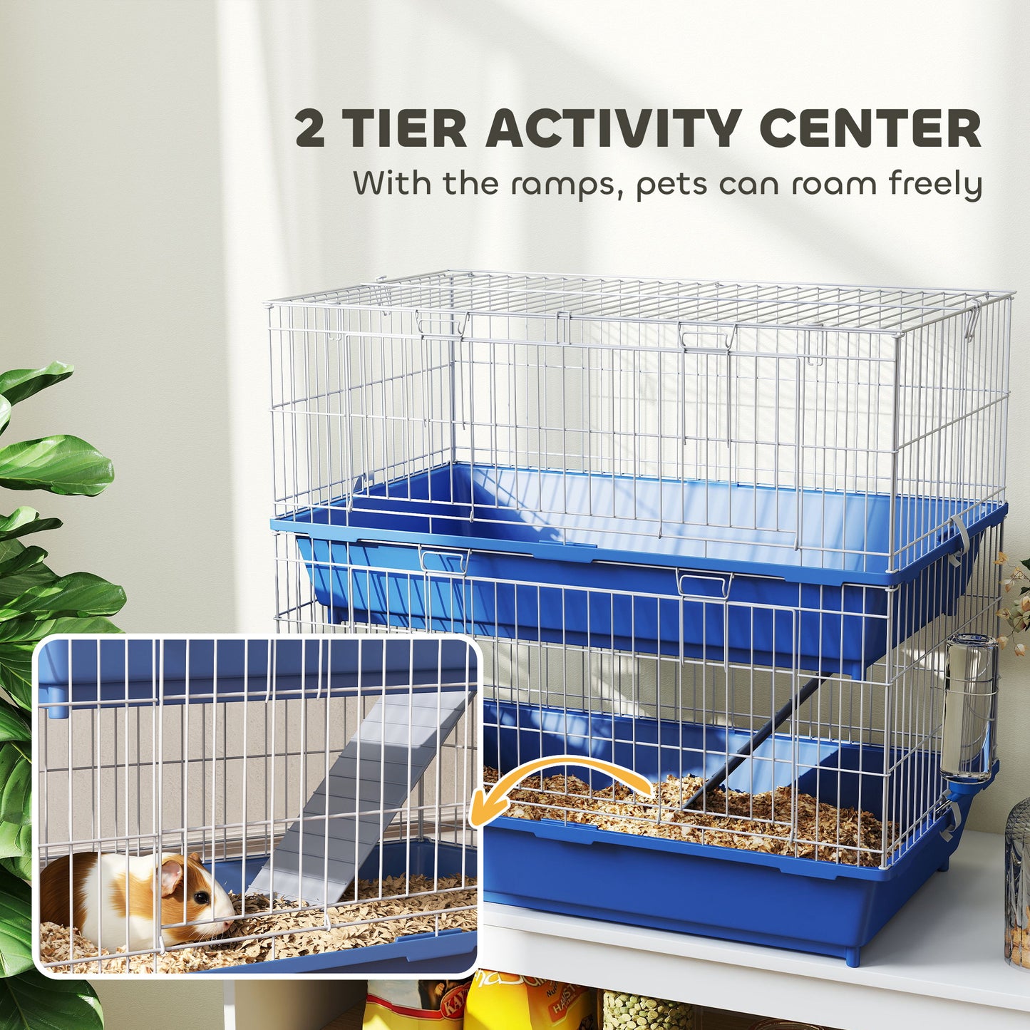 Two-Tier Small Animal Cage with Ramp and Accessories - Blue, 28 inches