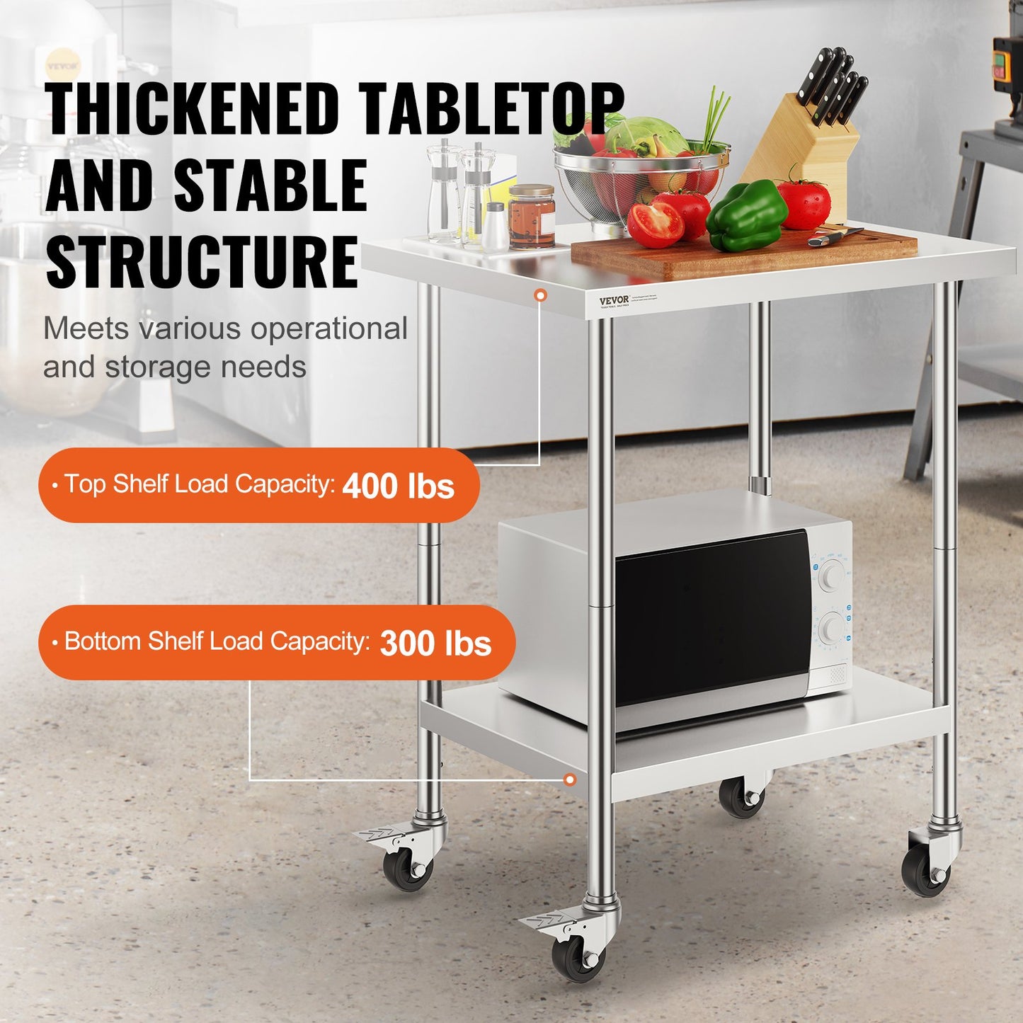 Heavy Duty Stainless Steel Work Table with Adjustable Height - 24x30x38 Inch